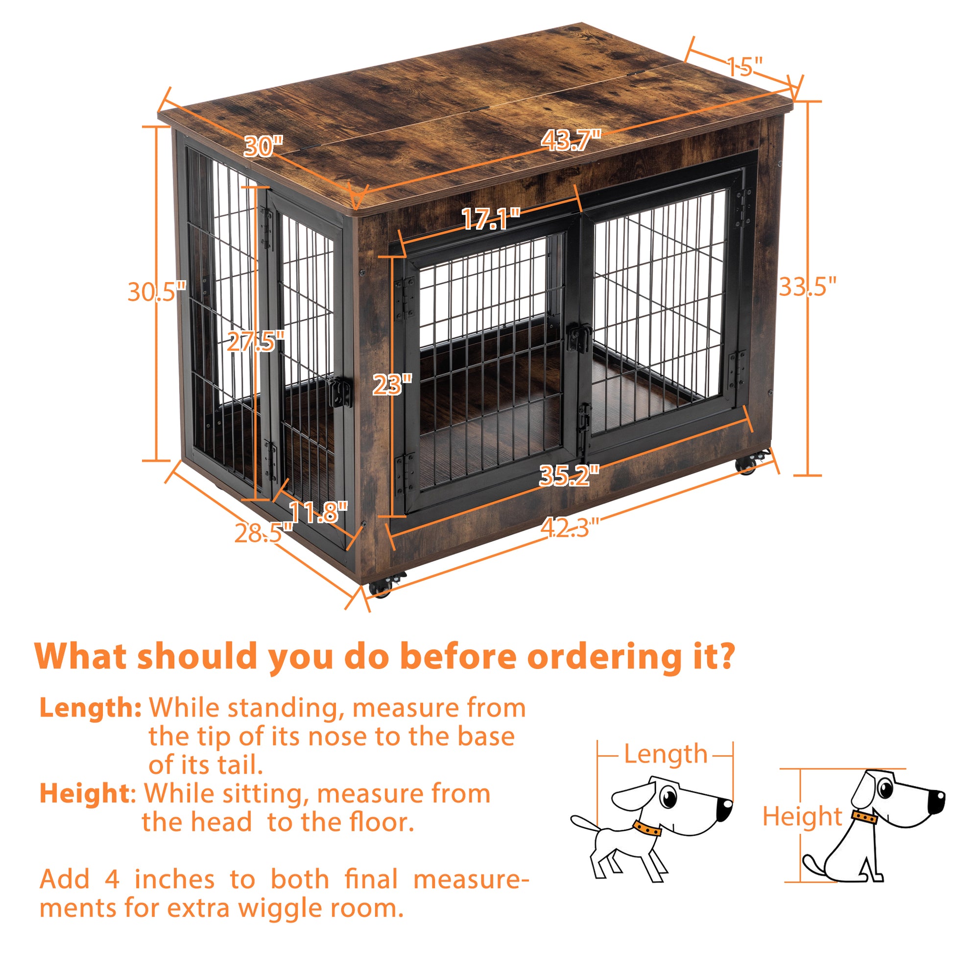 Dog Crate Furniture, Large Dog Kennel, 43"Wooden Pet Furniture With Pull Out Tray, Home And Indoor Use, Double Door Modern Side End Table For Medium Large Small Dog Brown Mdf Steel