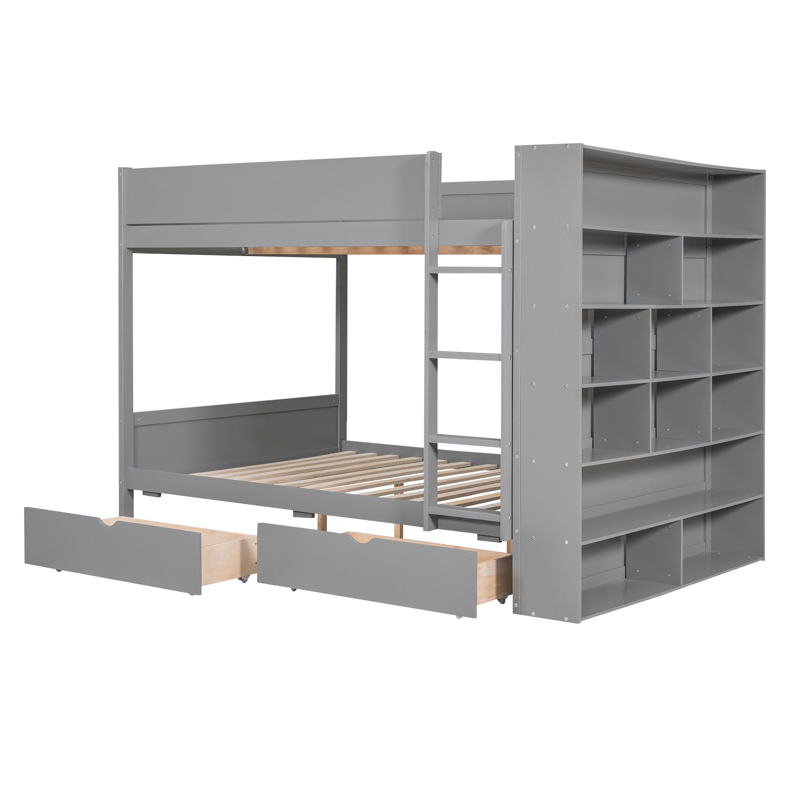 Full Over Full Bunk Bed With 2 Drawers And Multi Layer Cabinet, Gray Gray Solid Wood Mdf