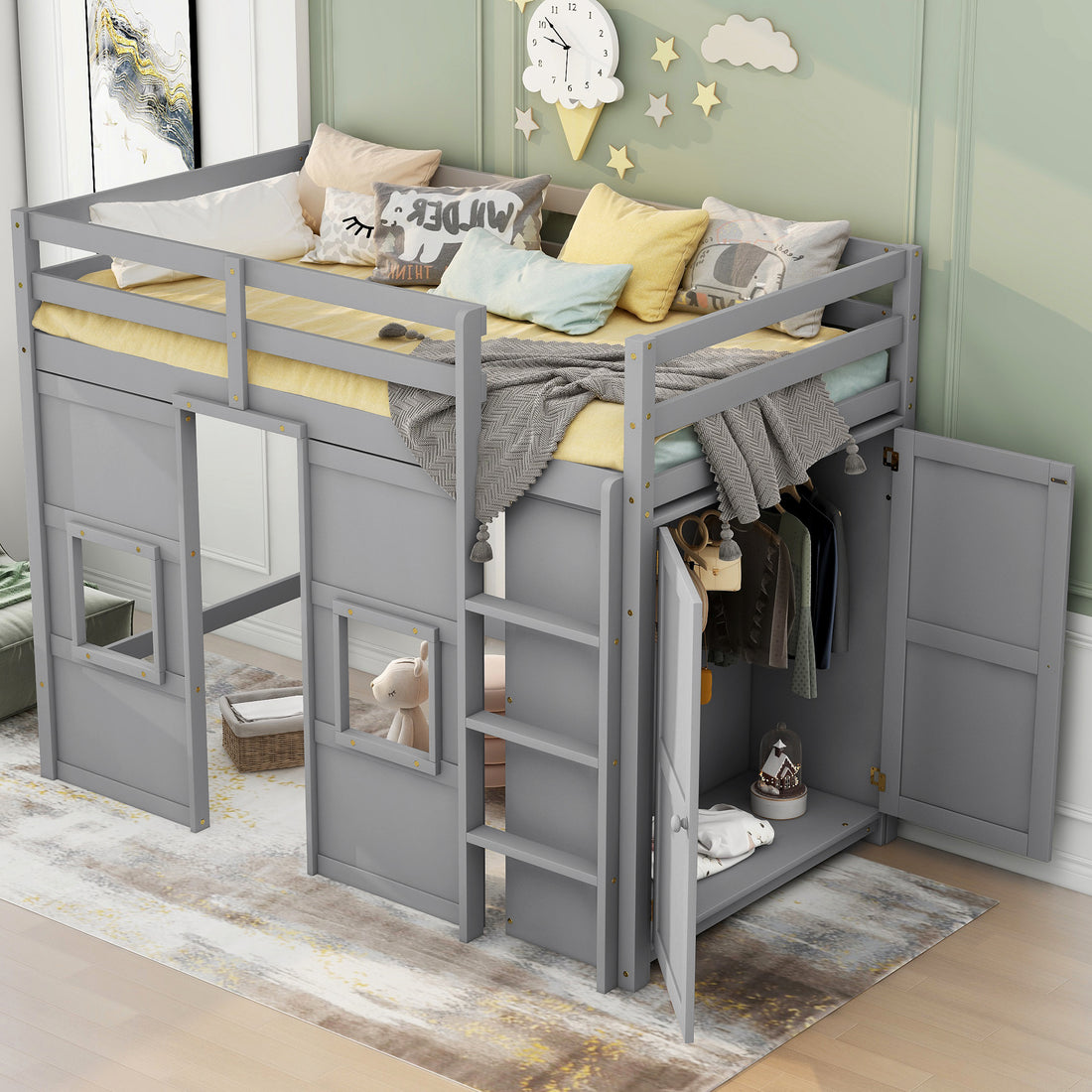 Wood Twin Size Loft Bed With Built In Storage Wardrobe And 2 Windows, Gray Box Spring Not Required Twin Gray Wood Bedroom Wood