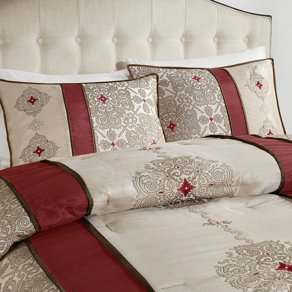 7 Piece Jacquard Comforter Set With Throw Pillows Red Polyester