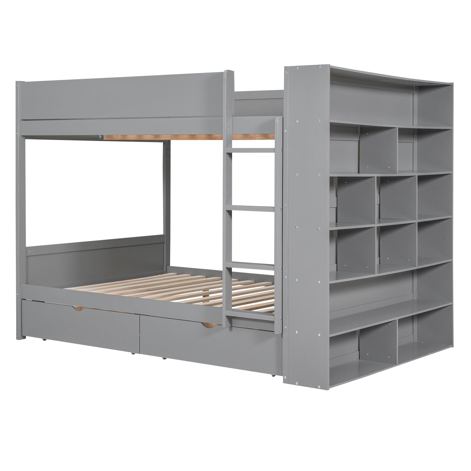 Full Over Full Bunk Bed With 2 Drawers And Multi Layer Cabinet, Gray Gray Solid Wood Mdf