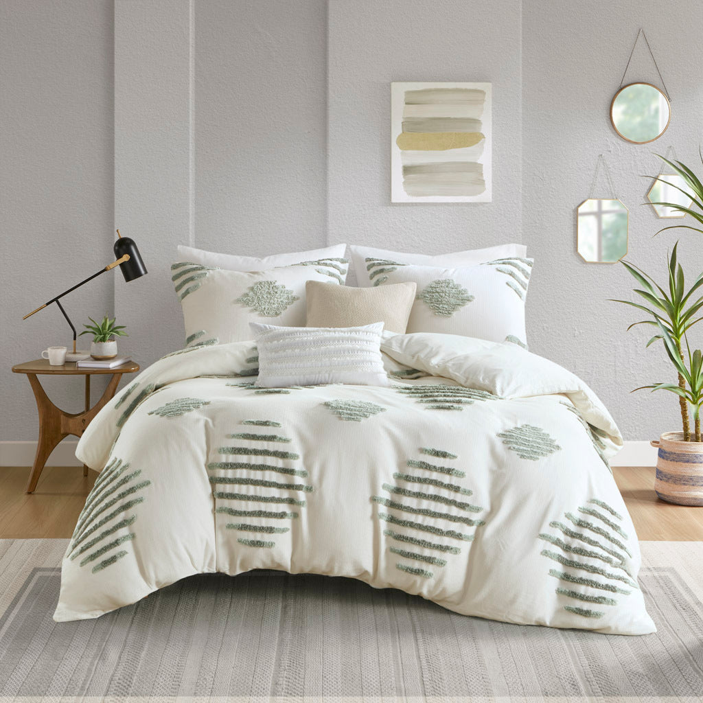 3 Piece Cotton Blend Chenille Duvet Cover Set Green Ivory Cotton