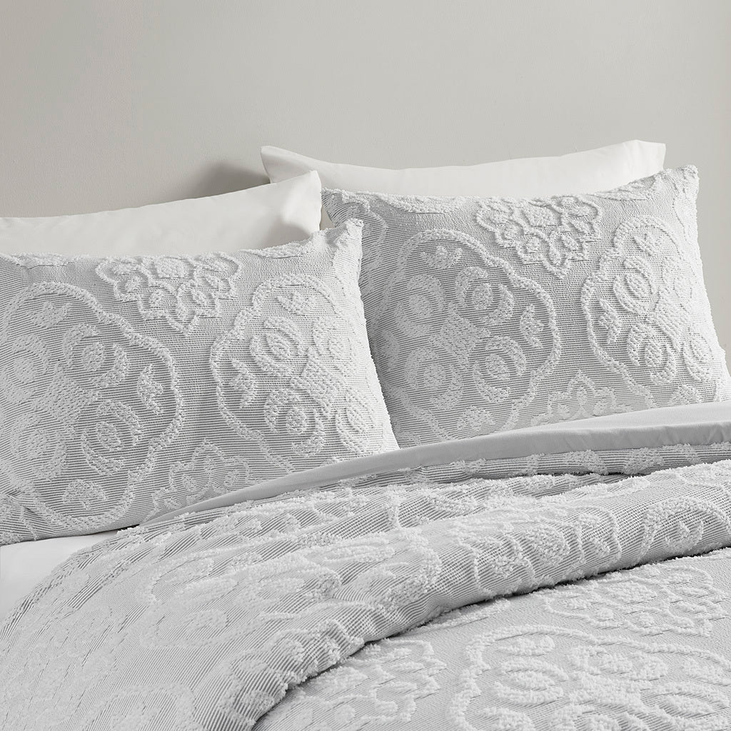 3 Piece Tufted Woven Medallion Comforter Set Grey White Polyester