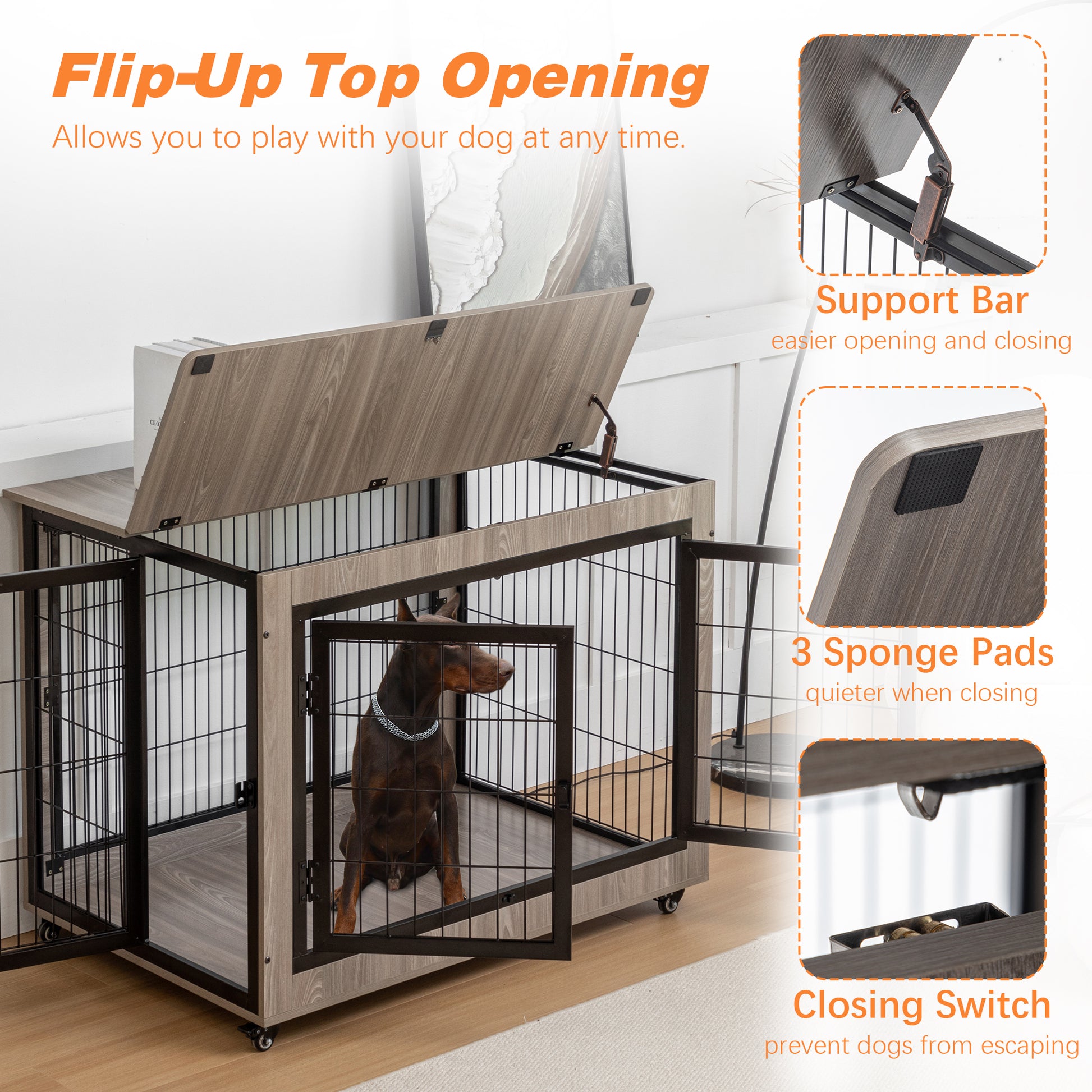 Dog Crate Furniture, Large Dog Kennel, 43"Wooden Pet Furniture With Pull Out Tray, Home And Indoor Use, Double Door Modern Side End Table For Medium Large Small Dog Grey Mdf Steel