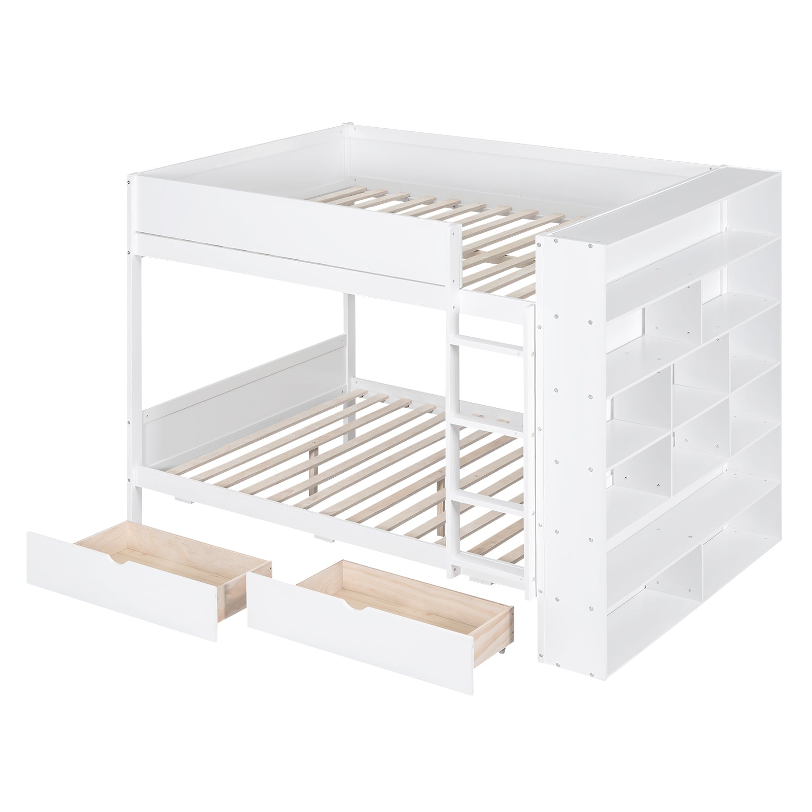 Full Over Full Bunk Bed With 2 Drawers And Multi Layer Cabinet, White White Solid Wood Mdf