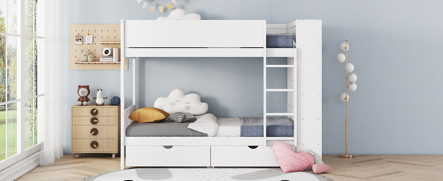 Twin Over Twin Bunk Bed With 2 Drawers And Multi Layer Cabinet, White White Solid Wood Mdf