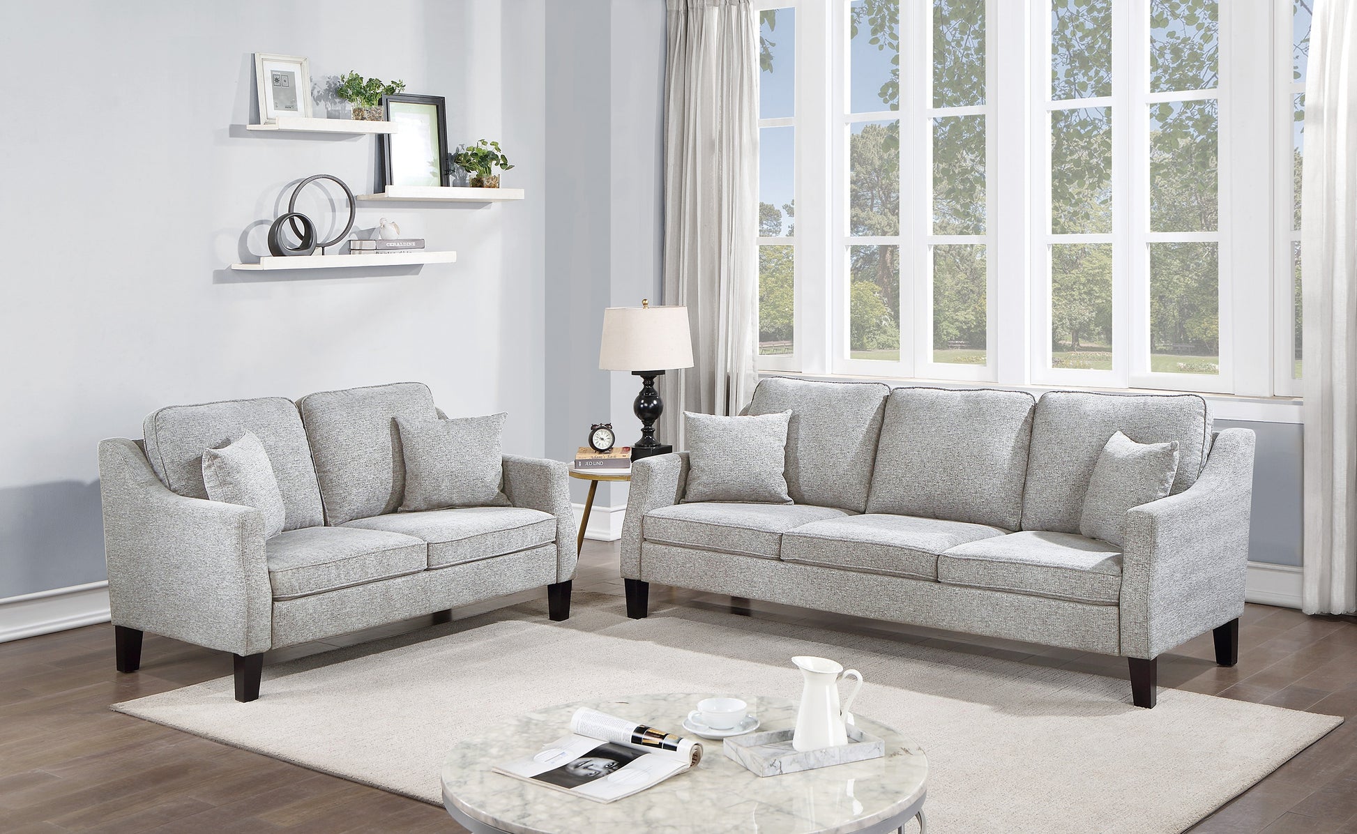 2Pc Sofa Set Sofa And Loveseat Living Room Furniture Grey Blended Chenille Cushion Couch W Pillows Grey Chenille Wood Primary Living Space Cushion Back Contemporary,Modern Chenille 5 Seat