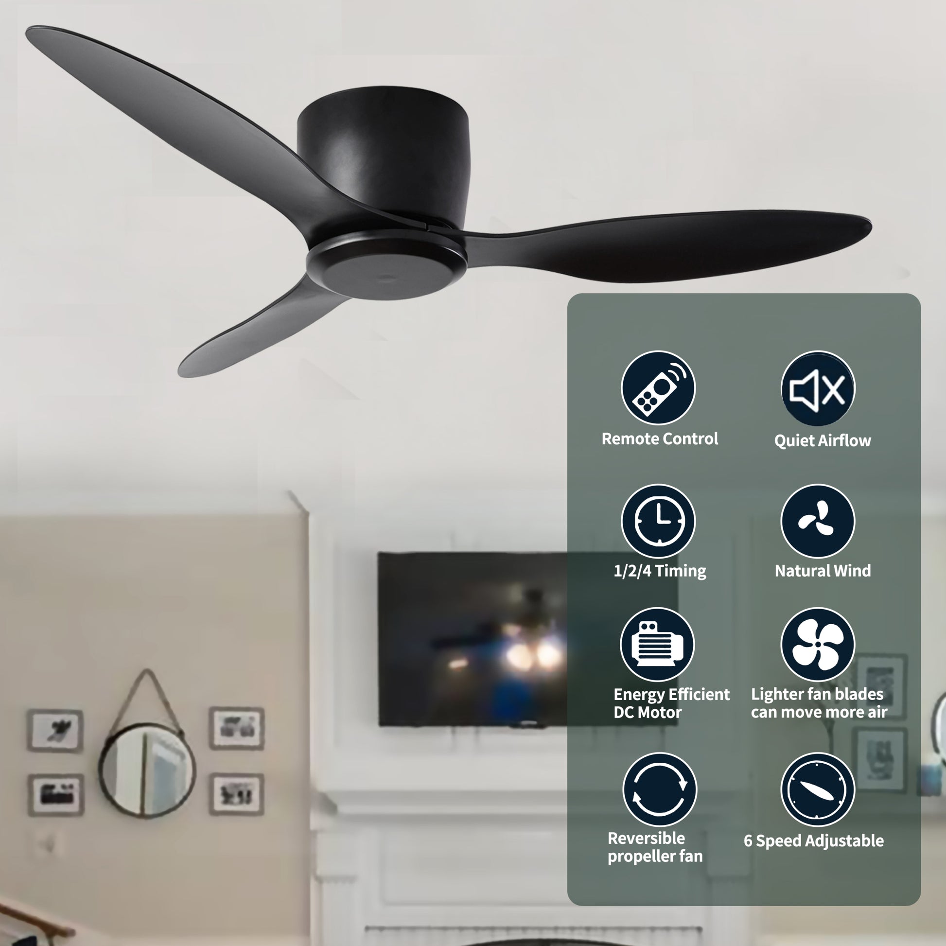 52" Flush Mount Ceiling Fan Without Light, 3 Reversible Blades, With 6 Speeds Reversible Dc Motor,Low Profile Ceiling Fan With No Light For Living Room Kitchen Bedroom Black Abs Steel Q235