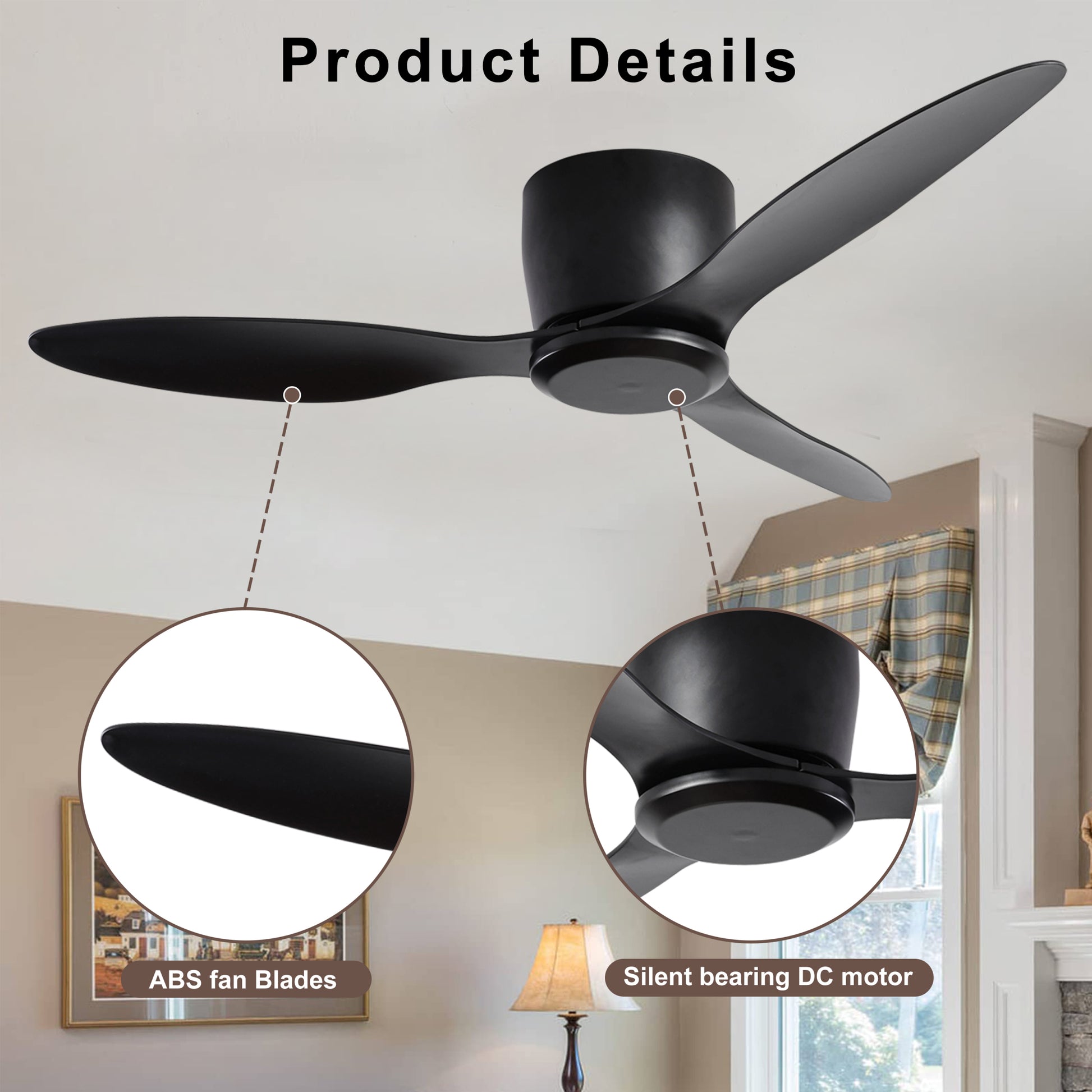 52" Flush Mount Ceiling Fan Without Light, 3 Reversible Blades, With 6 Speeds Reversible Dc Motor,Low Profile Ceiling Fan With No Light For Living Room Kitchen Bedroom Black Abs Steel Q235