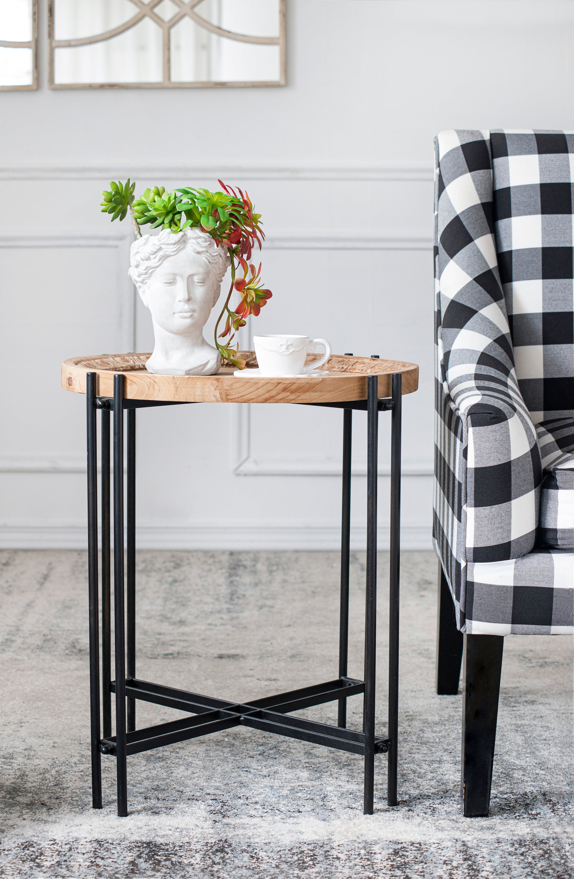 21.5" X 24" Round Side Table With Wood Top, End Table For Living Room Bedroom Black Brown Wood