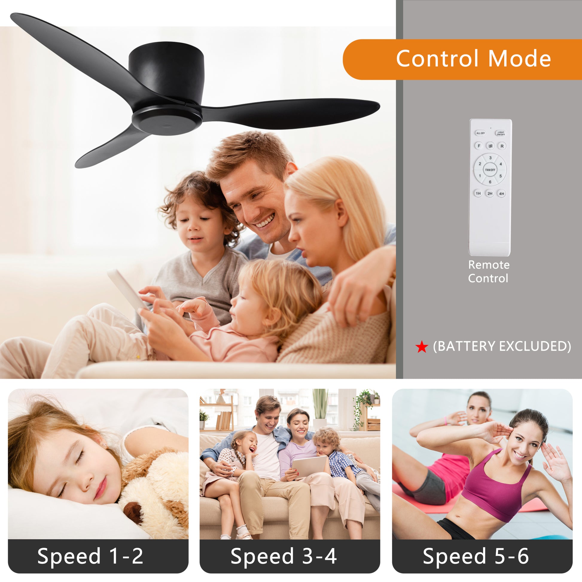 42" Flush Mount Ceiling Fan Without Light, 3 Reversible Blades, With 6 Speeds Reversible Dc Motor,Low Profile Ceiling Fan With No Light For Living Room Kitchen Bedroom Matte Black Abs Steel Q235