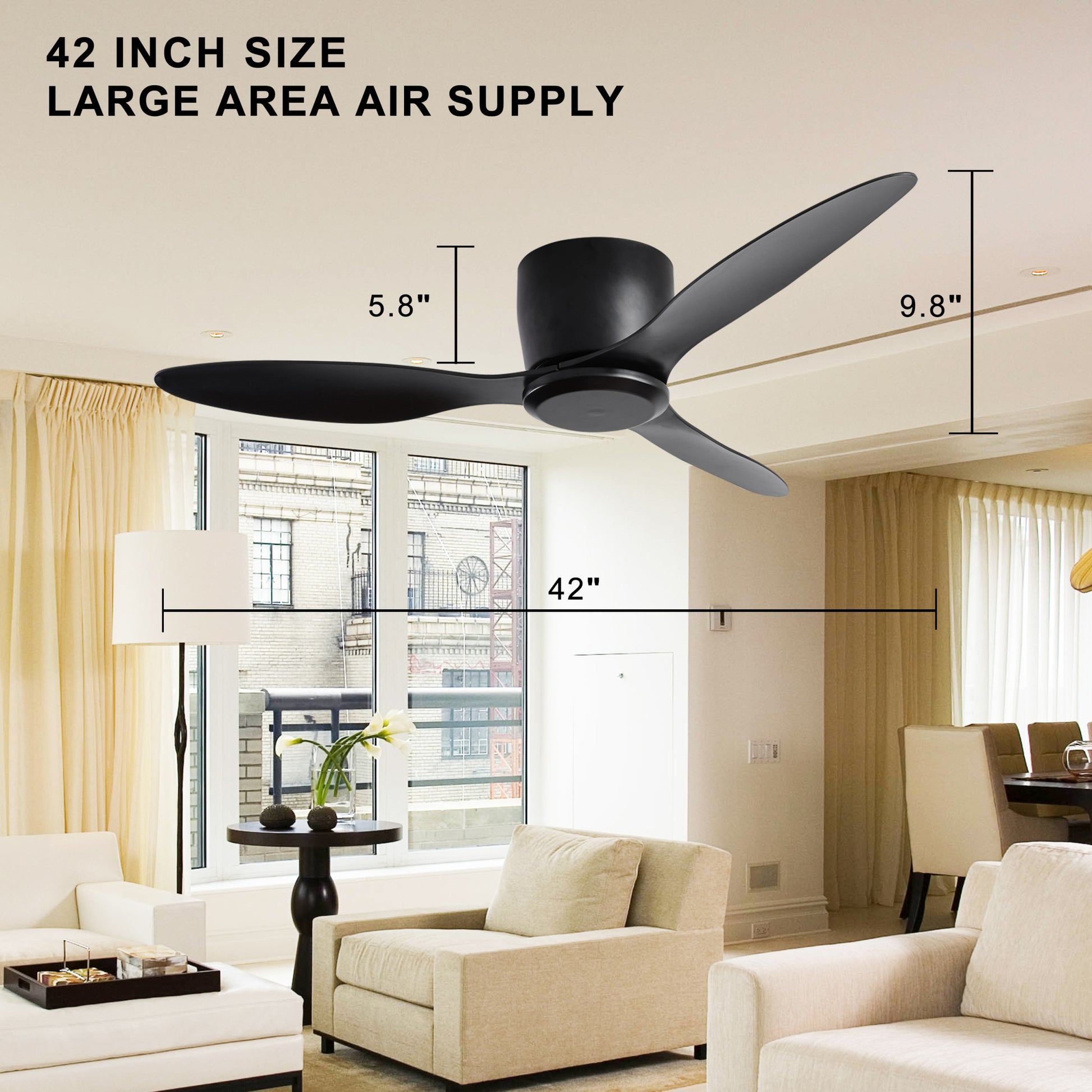 42" Flush Mount Ceiling Fan Without Light, 3 Reversible Blades, With 6 Speeds Reversible Dc Motor,Low Profile Ceiling Fan With No Light For Living Room Kitchen Bedroom Matte Black Abs Steel Q235