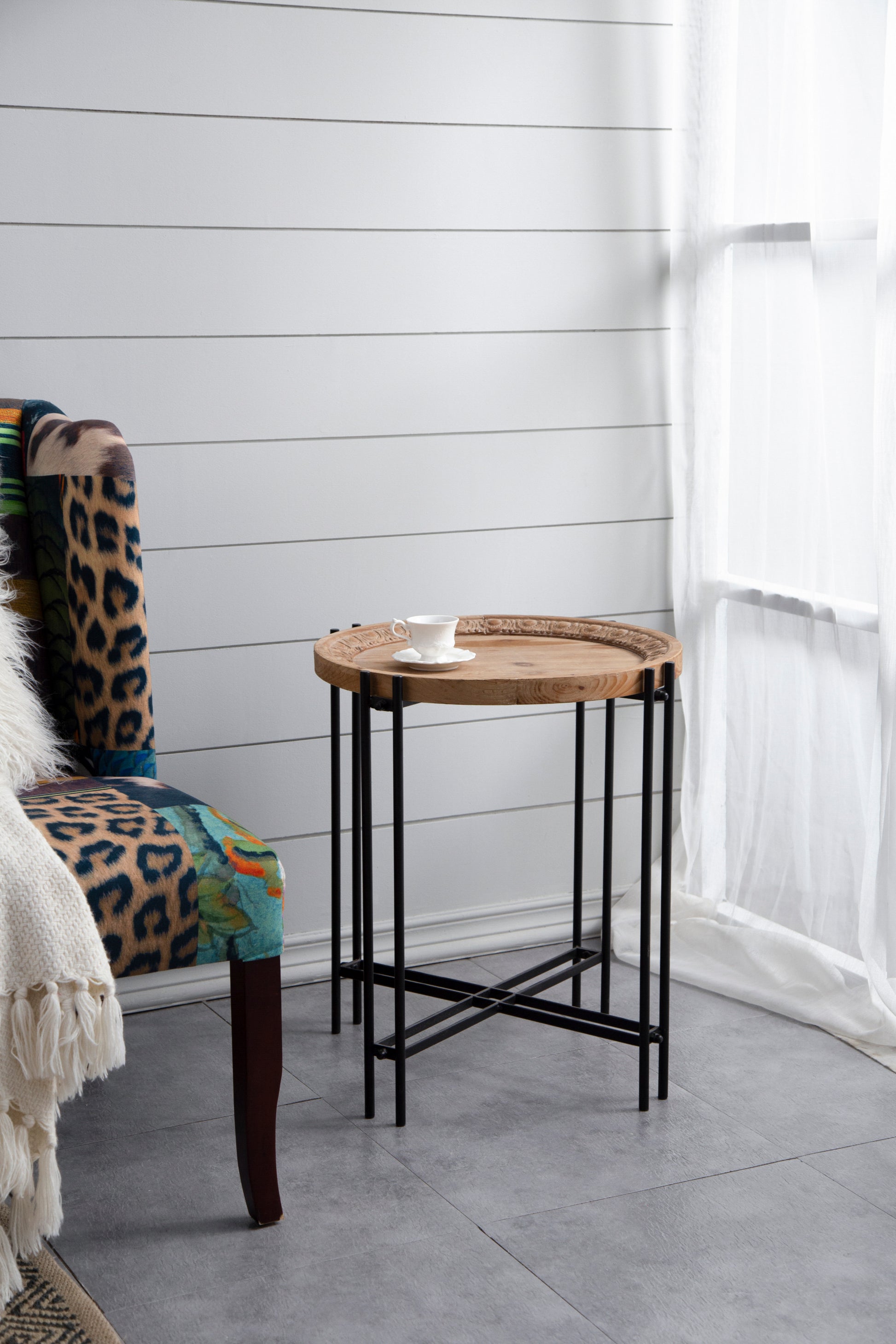 21.5" X 24" Round Side Table With Wood Top, End Table For Living Room Bedroom Black Brown Wood
