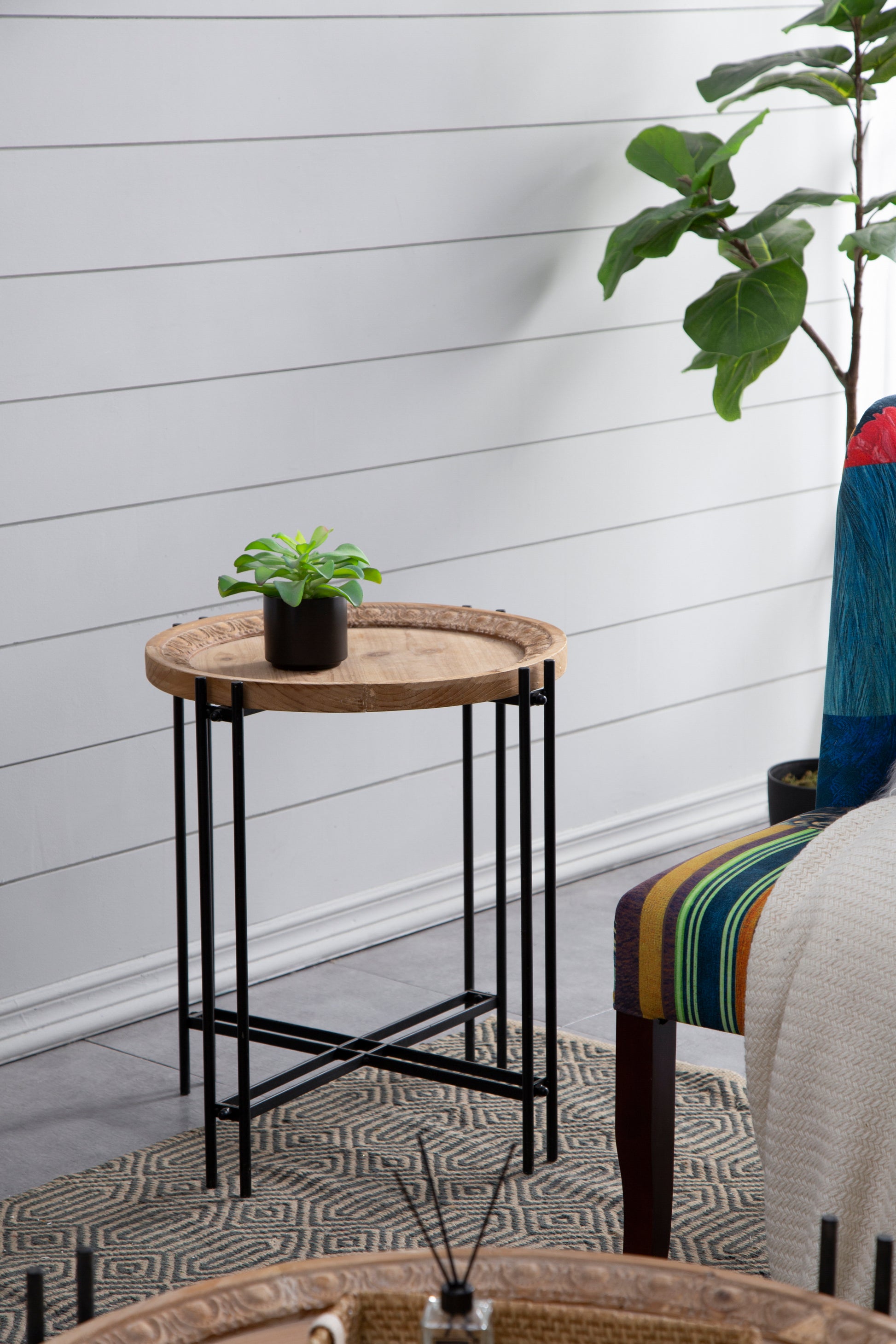 21.5" X 24" Round Side Table With Wood Top, End Table For Living Room Bedroom Black Brown Wood
