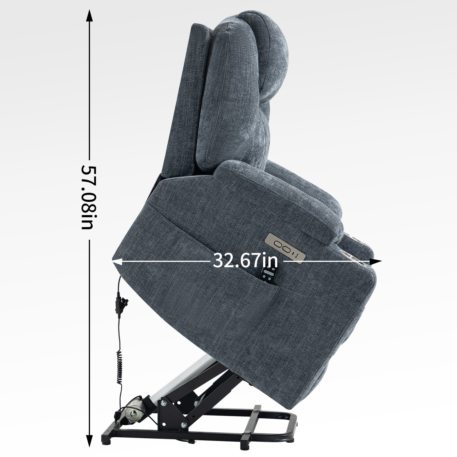 Up To 350 Lbs Chenille Power Lift Recliner Chair, Heavy Duty Motion Mechanism With 8 Point Vibration Massage And Lumbar Heating, Usb And Type C Ports, Stainless Steel Cup Holders, Blue White Metal Primary Living Space Heavy Duty Pine Blue Gray Chenille