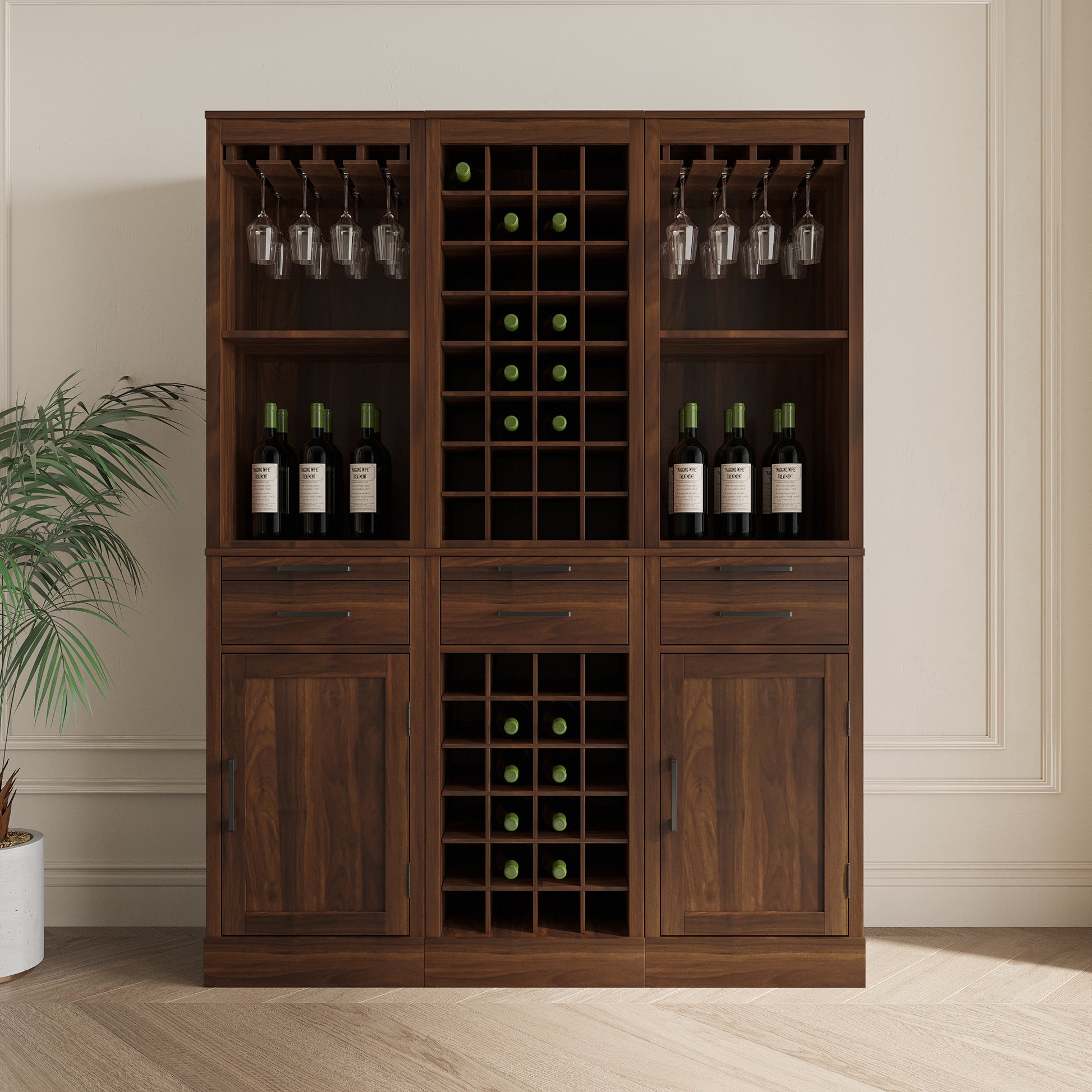 Brown Walnut Color Modular Wine Bar Cabinet Buffet Cabinet With Hutch For Dining Room Walnut Brown Mdf