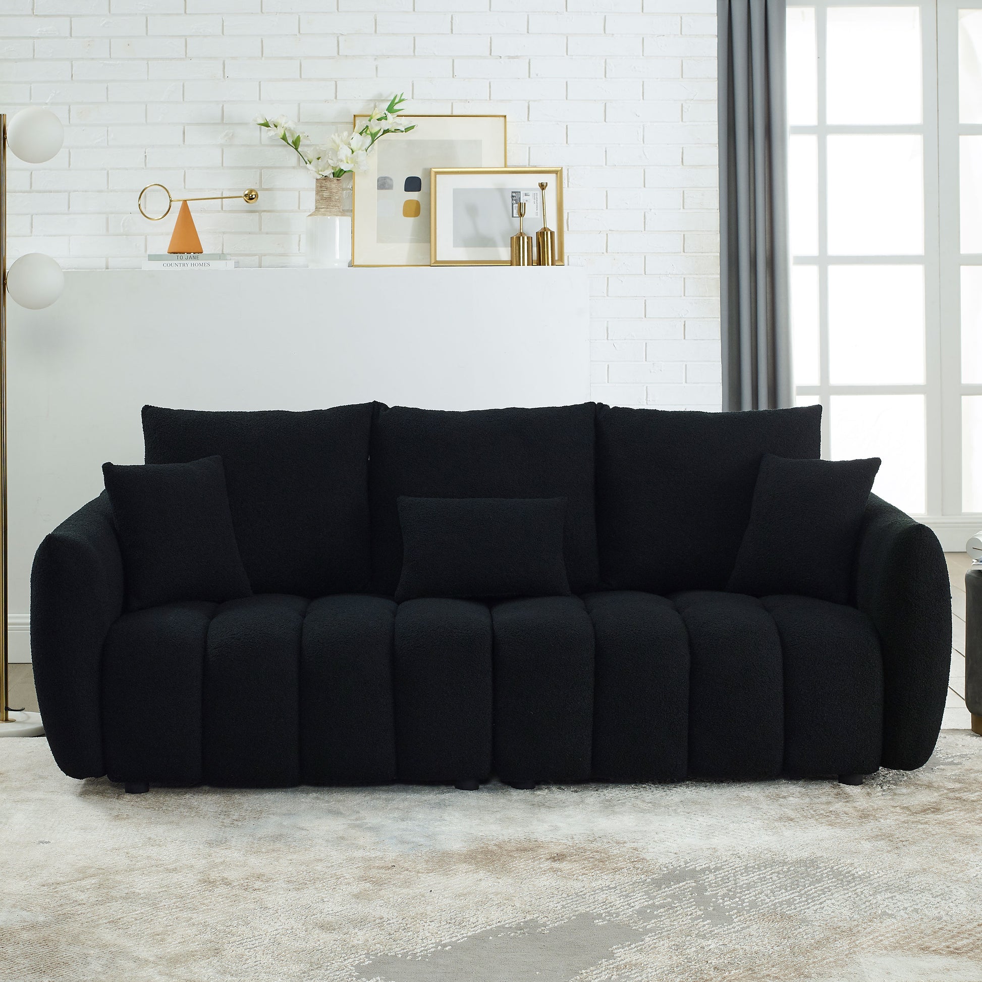 Video Mh 82" Premium Teddy Fabric Sofa With 3 Back Pillows And 3 Back Cushions Solid Wood Frame 3 Seater Sofa, Oversized Upholstered Chair For Living Room, Bedroom, Apartment And Office Black Wood Primary Living Space Foam Wood 3 Seat