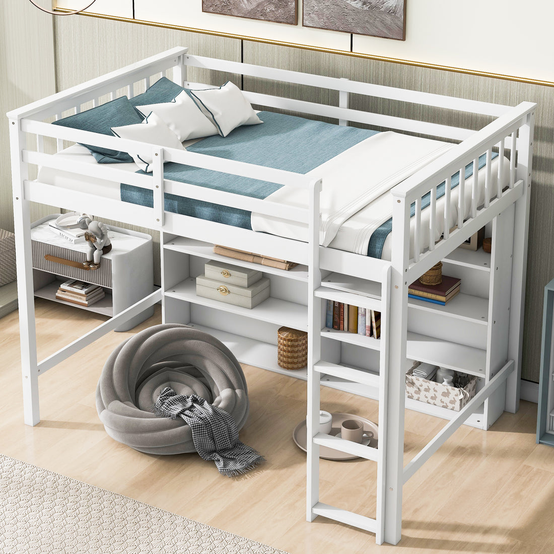 Twin Size Loft Bed With 8 Open Storage Shelves And Built In Ladder, White White Solid Wood Mdf