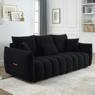 Video Mh 82" Premium Teddy Fabric Sofa With 3 Back Pillows And 3 Back Cushions Solid Wood Frame 3 Seater Sofa, Oversized Upholstered Chair For Living Room, Bedroom, Apartment And Office Black Wood Primary Living Space Foam Wood 3 Seat