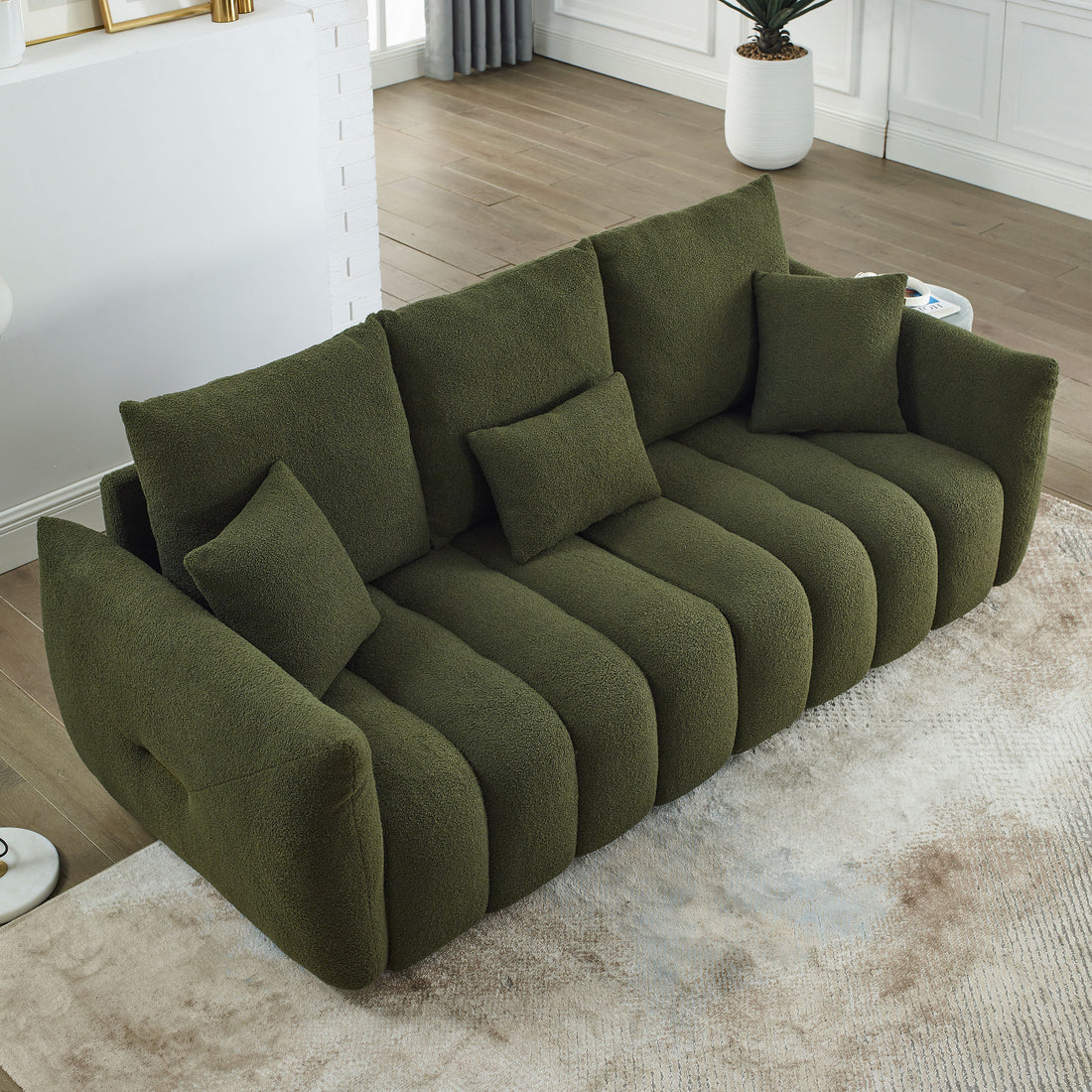 Video Mh 82" Premium Teddy Fabric Sofa With 3 Back Pillows And 3 Back Cushions Solid Wood Frame 3 Seater Sofa, Oversized Upholstered Chair For Living Room, Bedroom, Apartment And Office Green Wood Primary Living Space Foam Wood 3 Seat