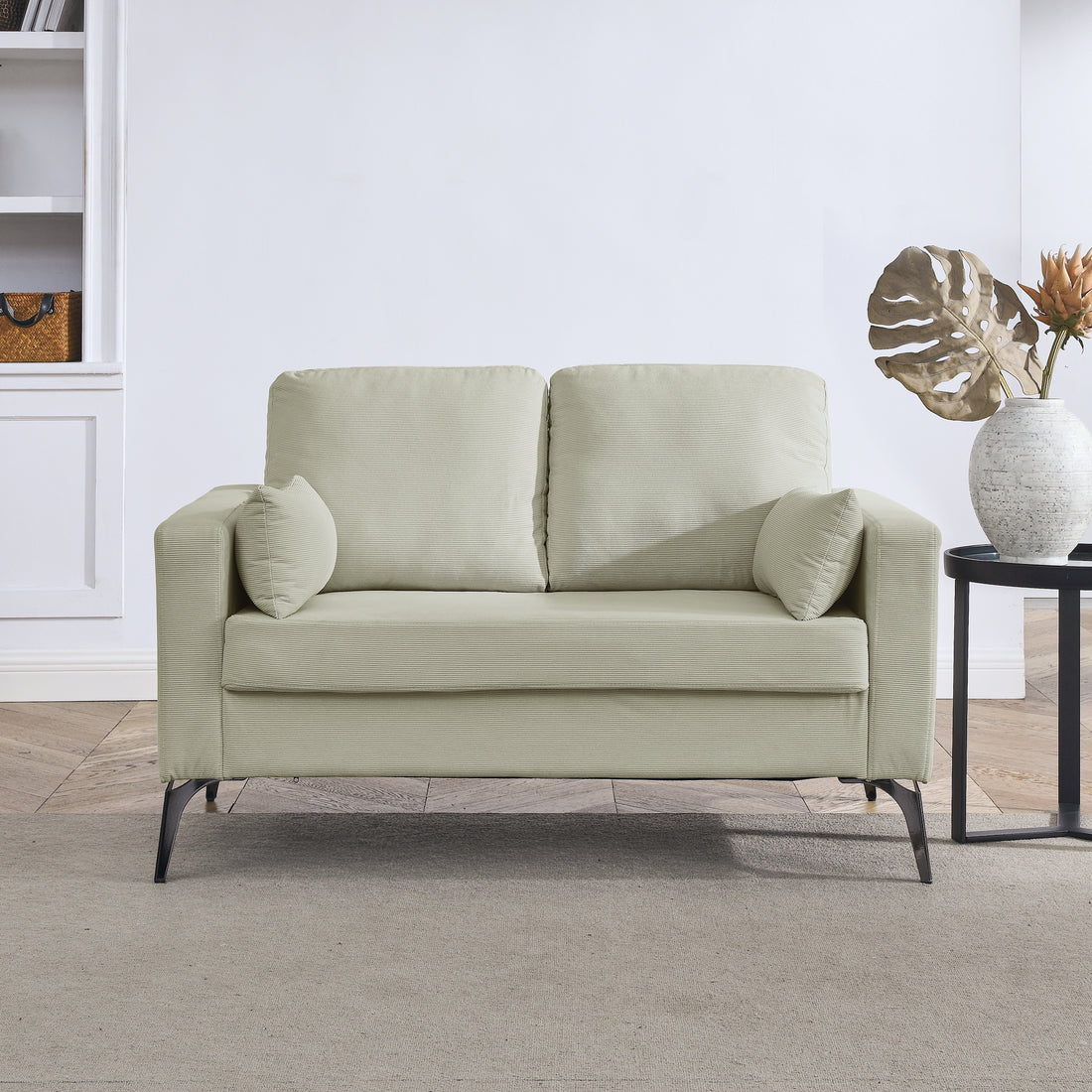 Loveseat Living Room Sofa,With Square Arms And Tight Back, With Two Small Pillows,Corduroy Beige Beige Foam