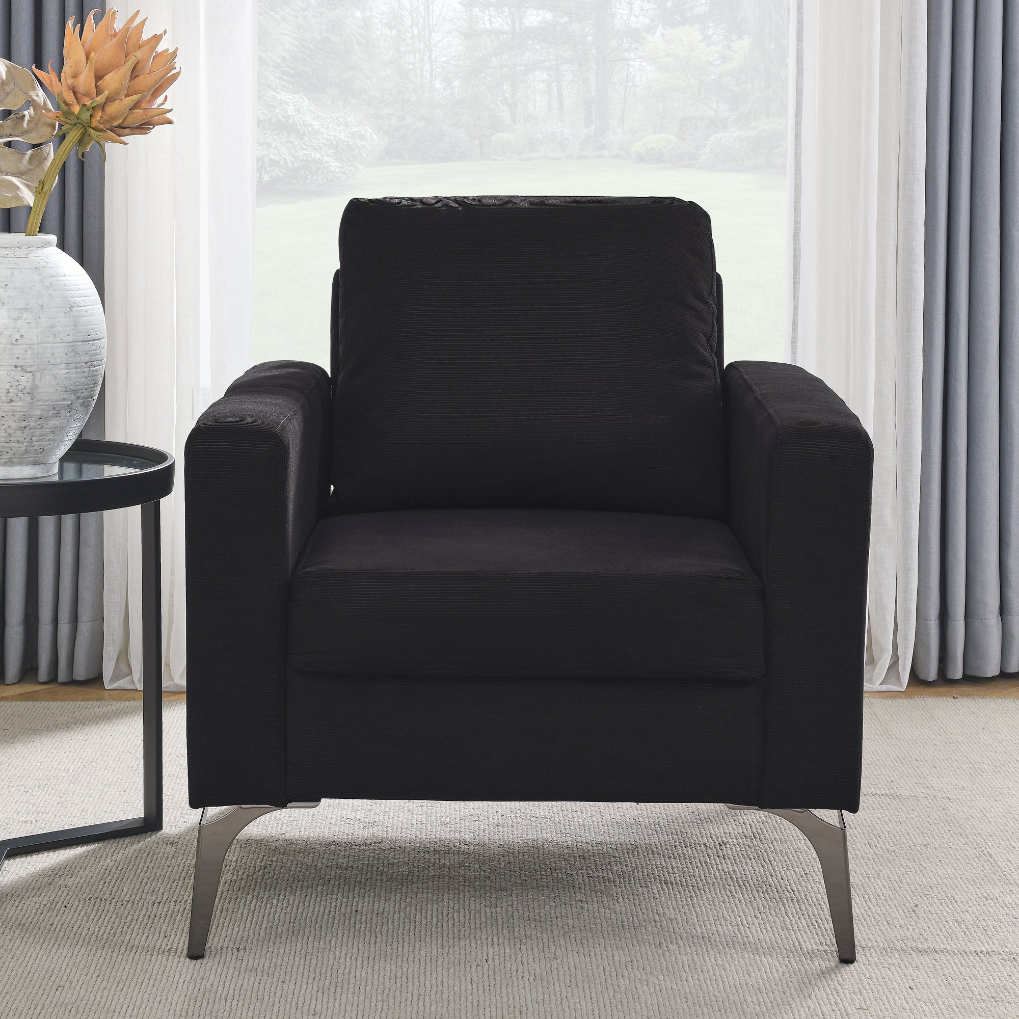 Sofa Chair,With Square Arms And Tight Back ,Corduroy Black Black Foam 1 Seat