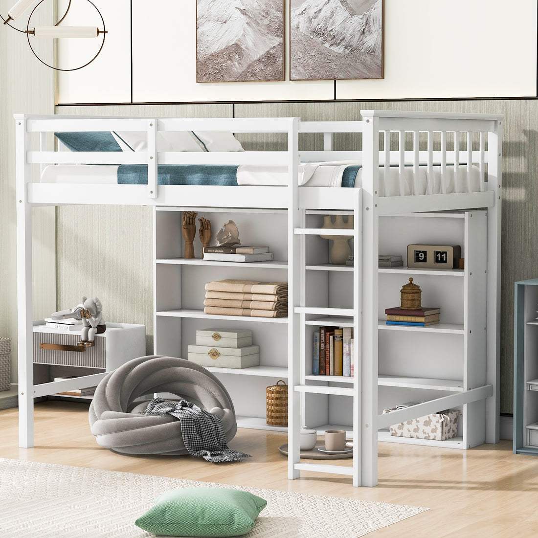 Twin Size Loft Bed With 8 Open Storage Shelves And Built In Ladder, White White Solid Wood Mdf