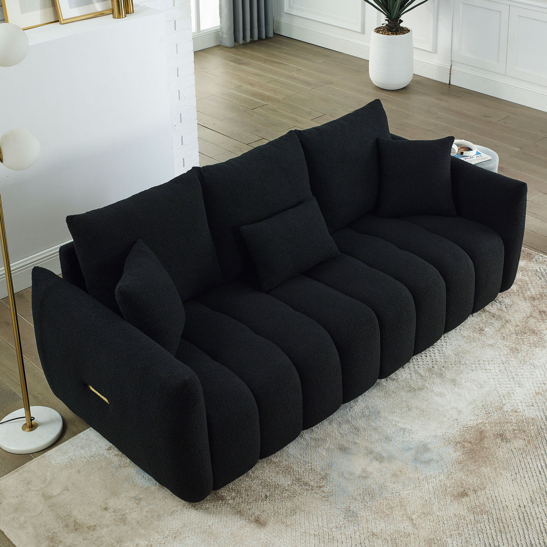 Video Mh 82" Premium Teddy Fabric Sofa With 3 Back Pillows And 3 Back Cushions Solid Wood Frame 3 Seater Sofa, Oversized Upholstered Chair For Living Room, Bedroom, Apartment And Office Black Wood Primary Living Space Foam Wood 3 Seat