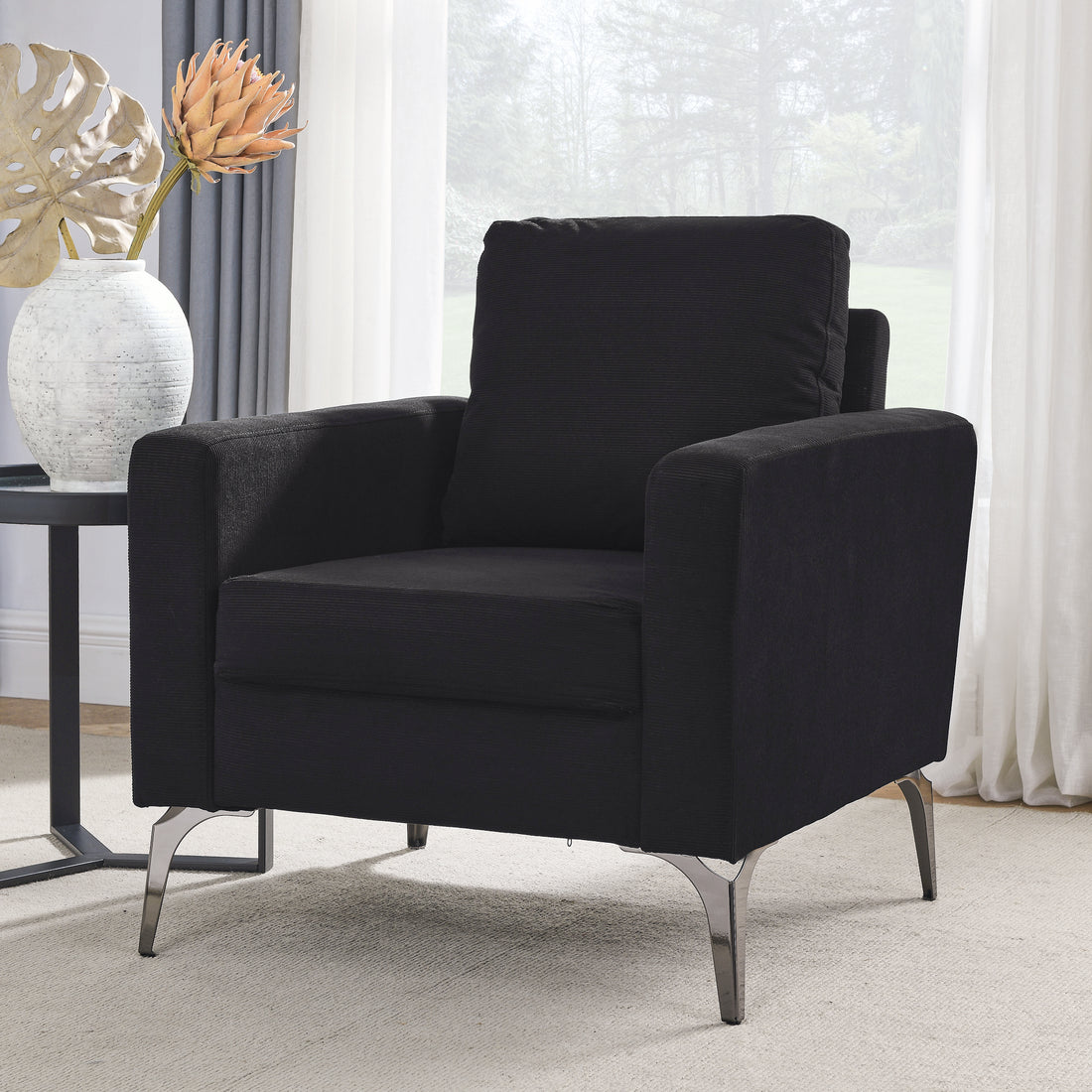 Sofa Chair,With Square Arms And Tight Back ,Corduroy Black Black Foam 1 Seat