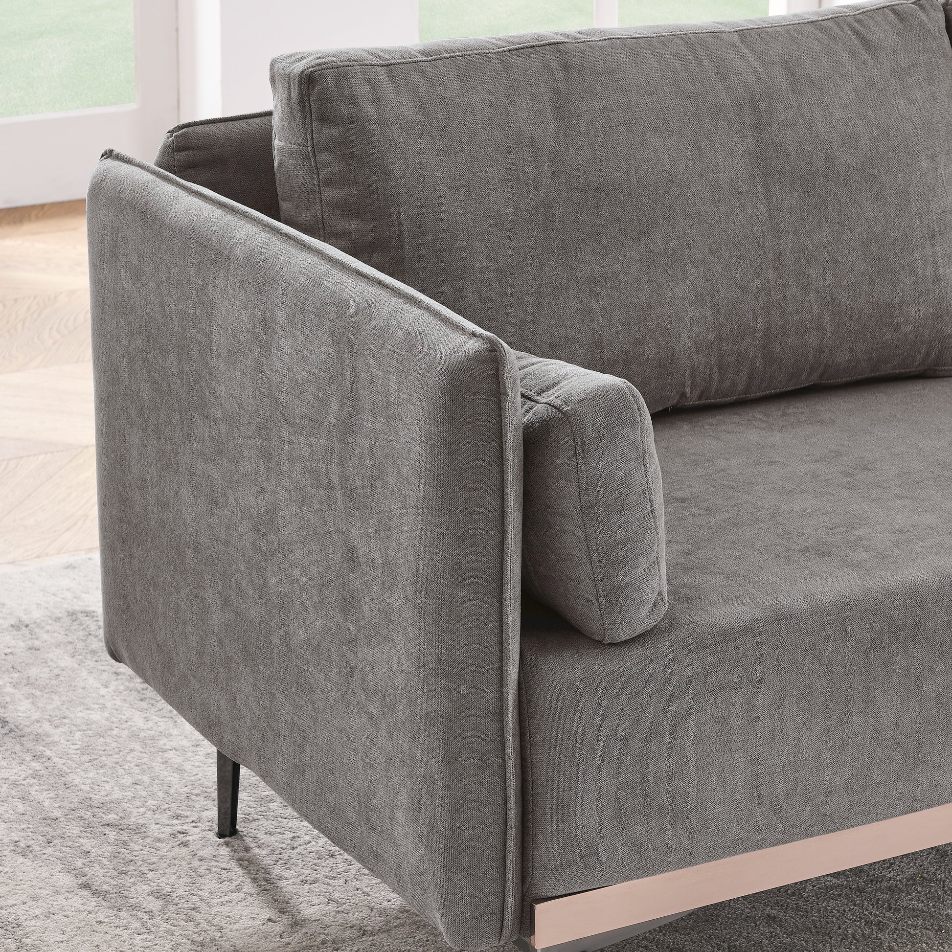 Modern Sofa 3 Seat Couch With Stainless Steel Trim And Metal Legs For Living Room, Grey Grey Foam