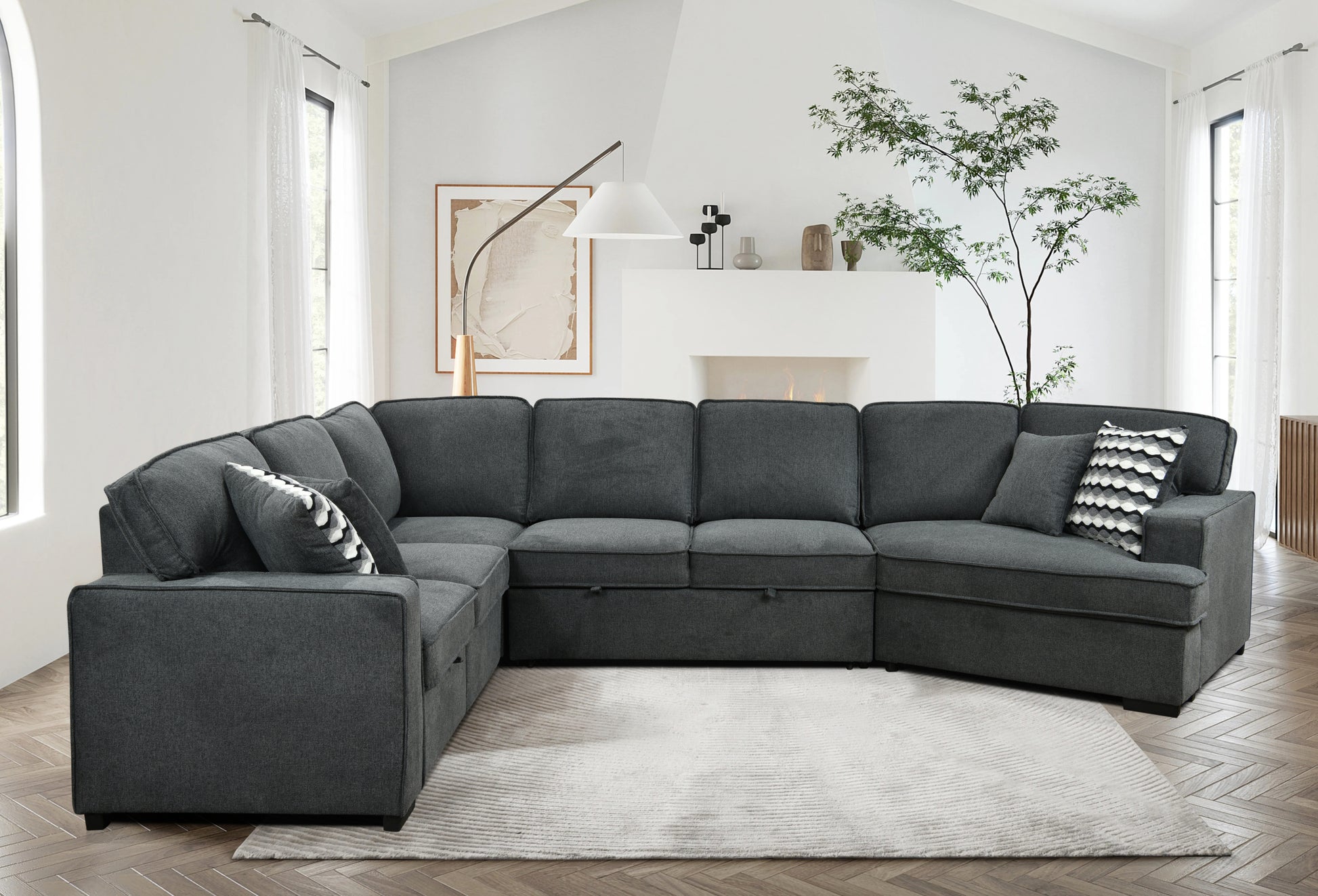 146"Oversized Upholstered Sectional Pull Out Sleeper Bed And Chaise Lounge, U Shaped Sofa With 2 Pull Out Bed, 4 Pillows & 2 Cup Holders On Back Cushions For Home, Bedroom, Apartment, Dark Gray Light Brown Wood Primary Living Space Heavy Duty Eucalyptus