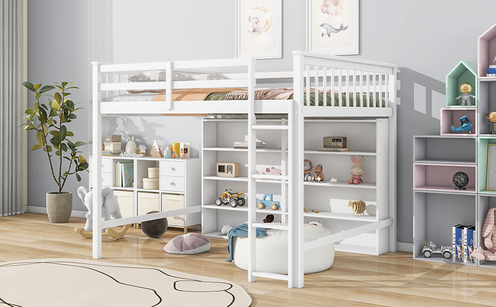 Full Size Loft Bed With 8 Open Storage Shelves And Built In Ladder, White White Solid Wood Mdf