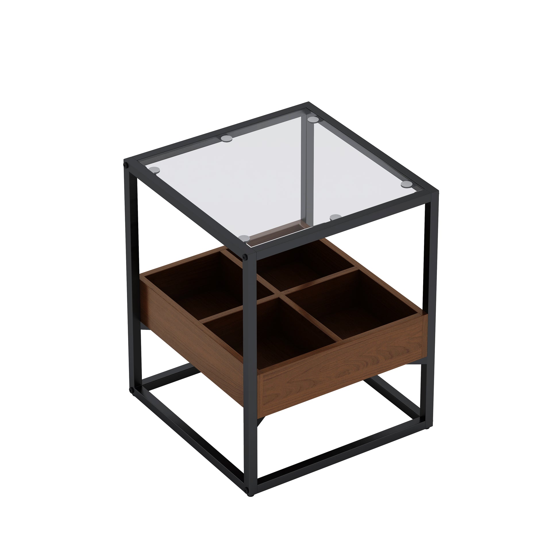17.72" Modern Coffee Table Side Table, Nightstand With Storage Shelf And Metal Legs For Bedroom, Living Room Set Of 2 Black Mdf Glass