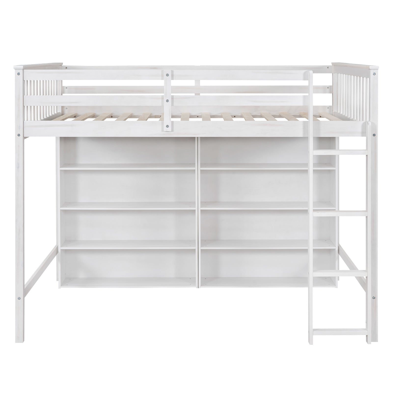 Full Size Loft Bed With 8 Open Storage Shelves And Built In Ladder, White White Solid Wood Mdf