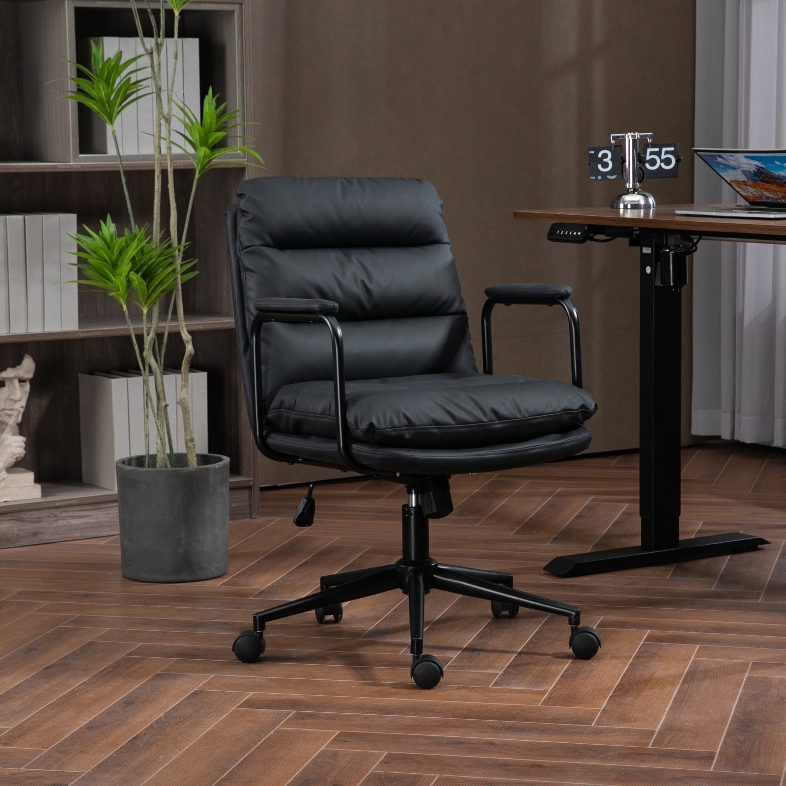 Office Chair,Mid Back Home Office Desk Task Chair With Wheels And Arms Ergonomic Pu Leather Computer Rolling Swivel Chair With Padded Armrest,The Back Of The Chair Can Recline 40 Black Black Office American Design Foam Pu