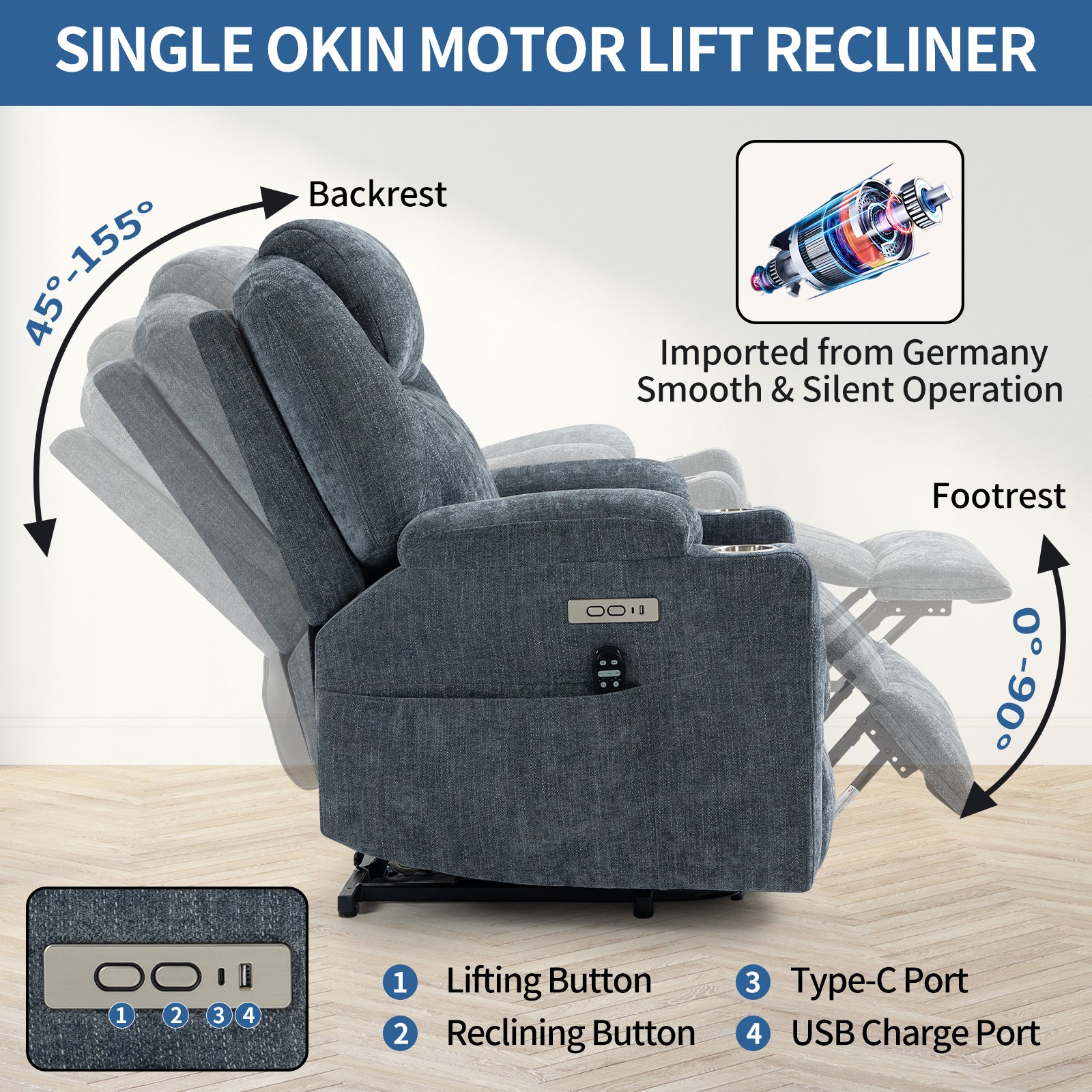 Up To 350 Lbs Chenille Power Lift Recliner Chair, Heavy Duty Motion Mechanism With 8 Point Vibration Massage And Lumbar Heating, Usb And Type C Ports, Stainless Steel Cup Holders, Blue White Metal Primary Living Space Heavy Duty Pine Blue Gray Chenille