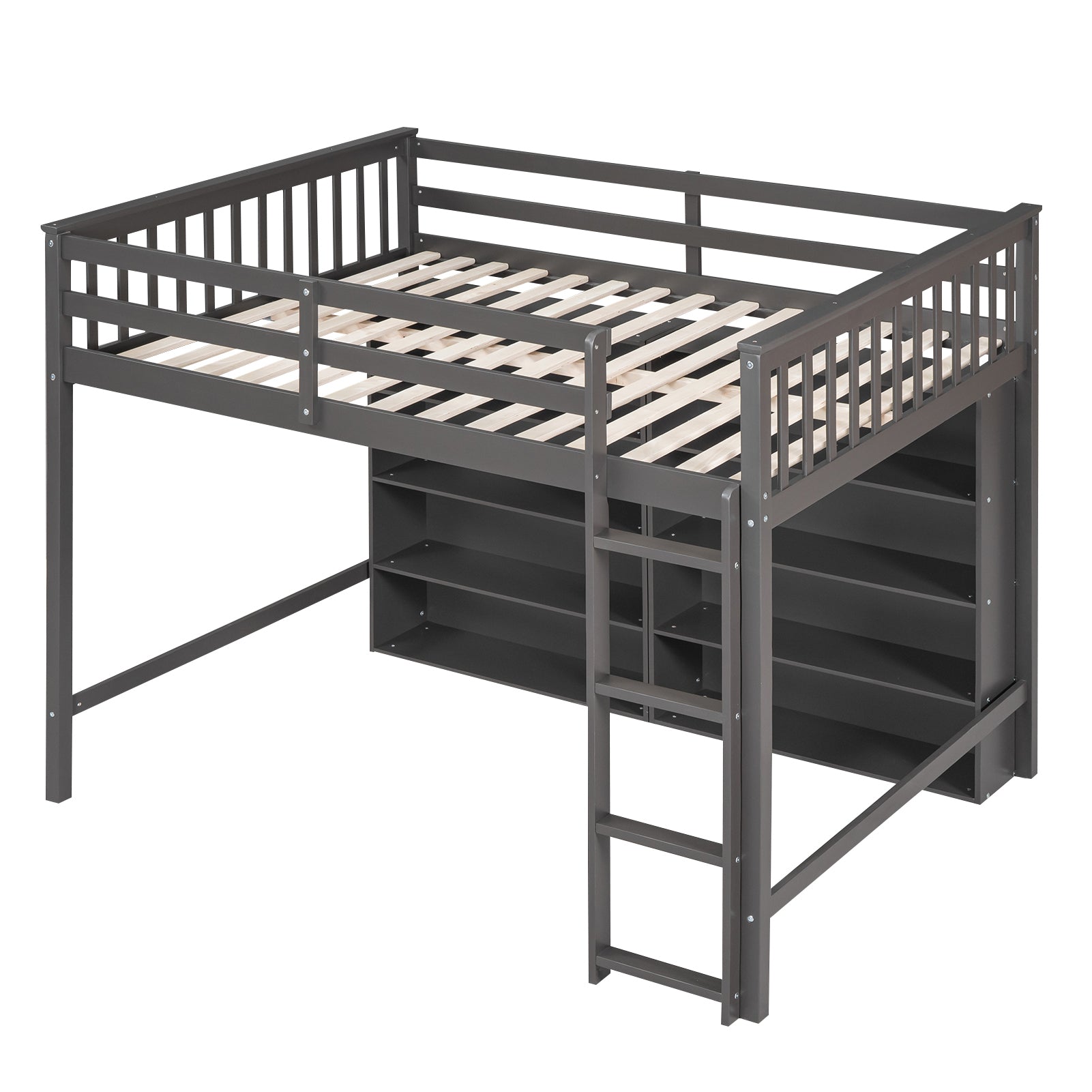 Full Size Loft Bed With 8 Open Storage Shelves And Built In Ladder, Gray Gray Solid Wood Mdf