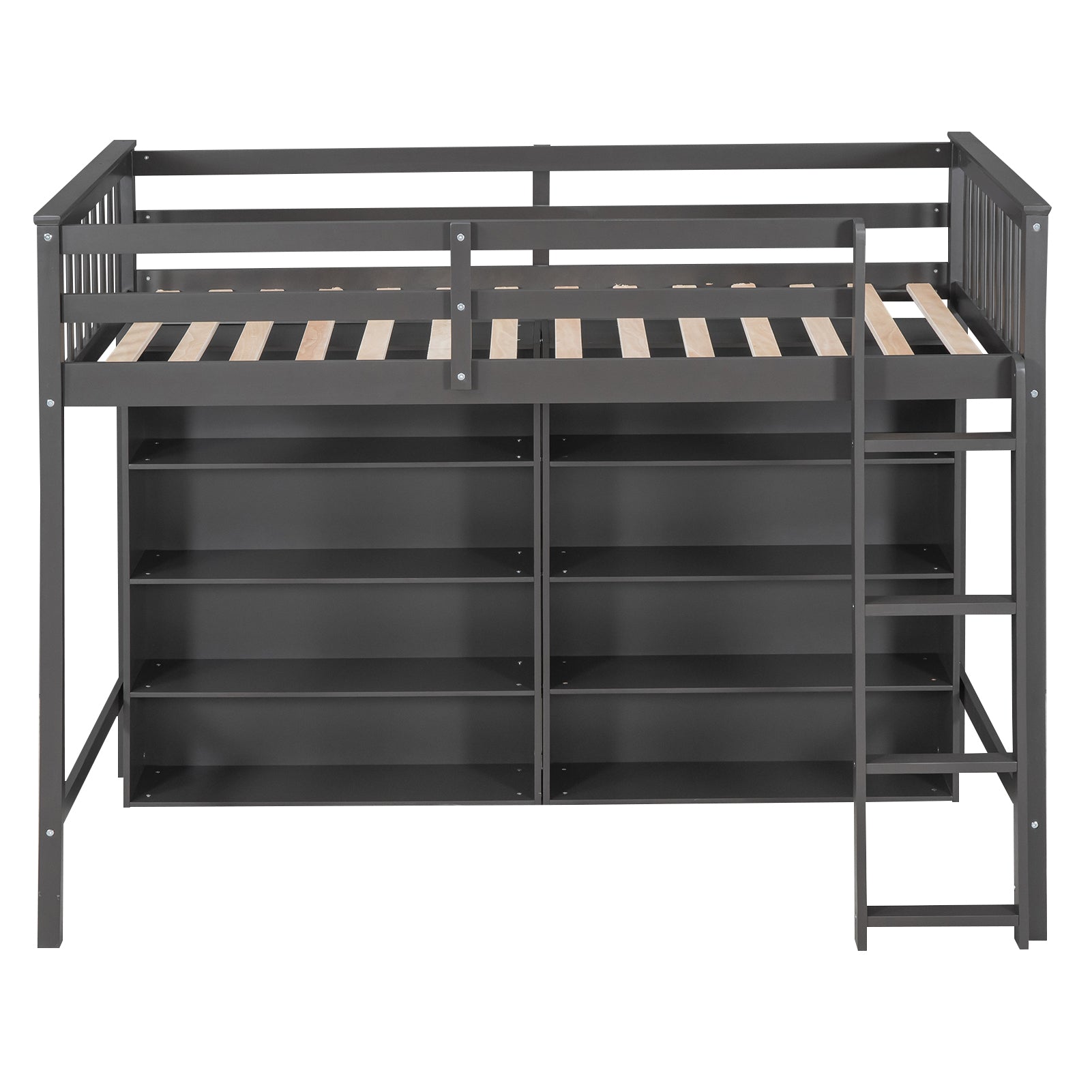 Twin Size Loft Bed With 8 Open Storage Shelves And Built In Ladder, Gary Gray Solid Wood Mdf