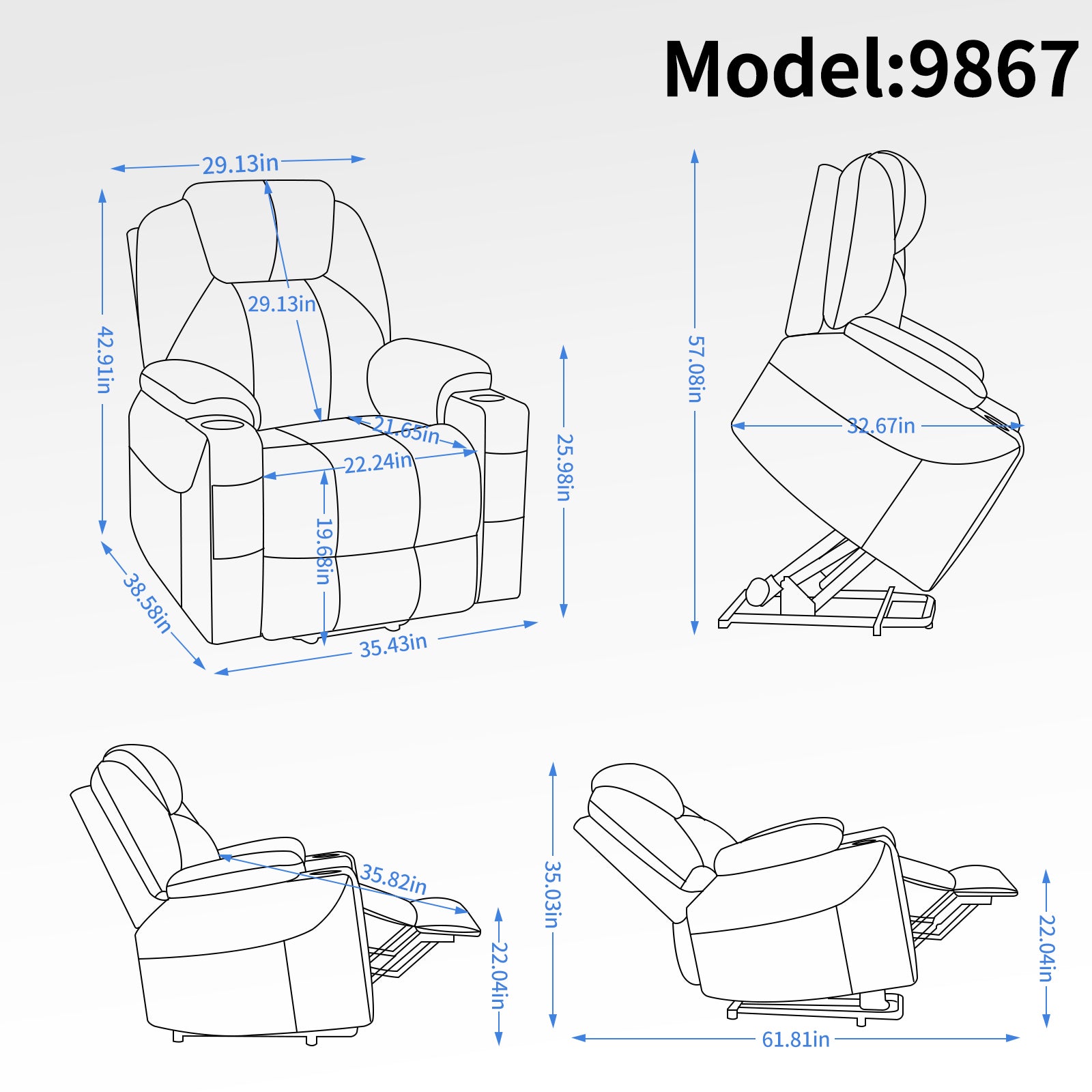 Up To 350 Lbs Chenille Power Lift Recliner Chair, Heavy Duty Motion Mechanism With 8 Point Vibration Massage And Lumbar Heating, Usb And Type C Ports, Stainless Steel Cup Holders, Blue White Metal Primary Living Space Heavy Duty Pine Blue Gray Chenille