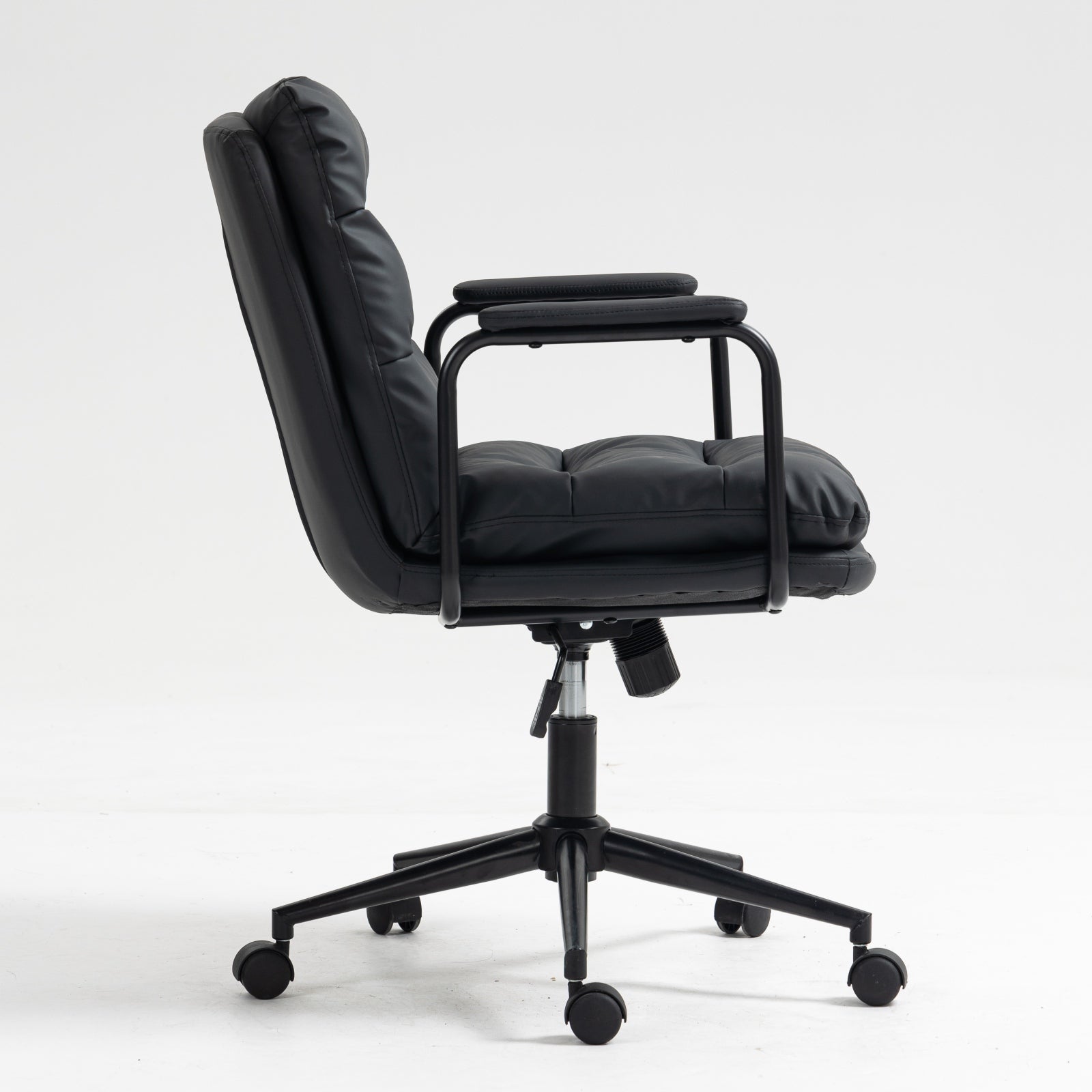 Office Chair,Mid Back Home Office Desk Task Chair With Wheels And Arms Ergonomic Pu Leather Computer Rolling Swivel Chair With Padded Armrest,The Back Of The Chair Can Recline 40 Black Black Office American Design Foam Pu