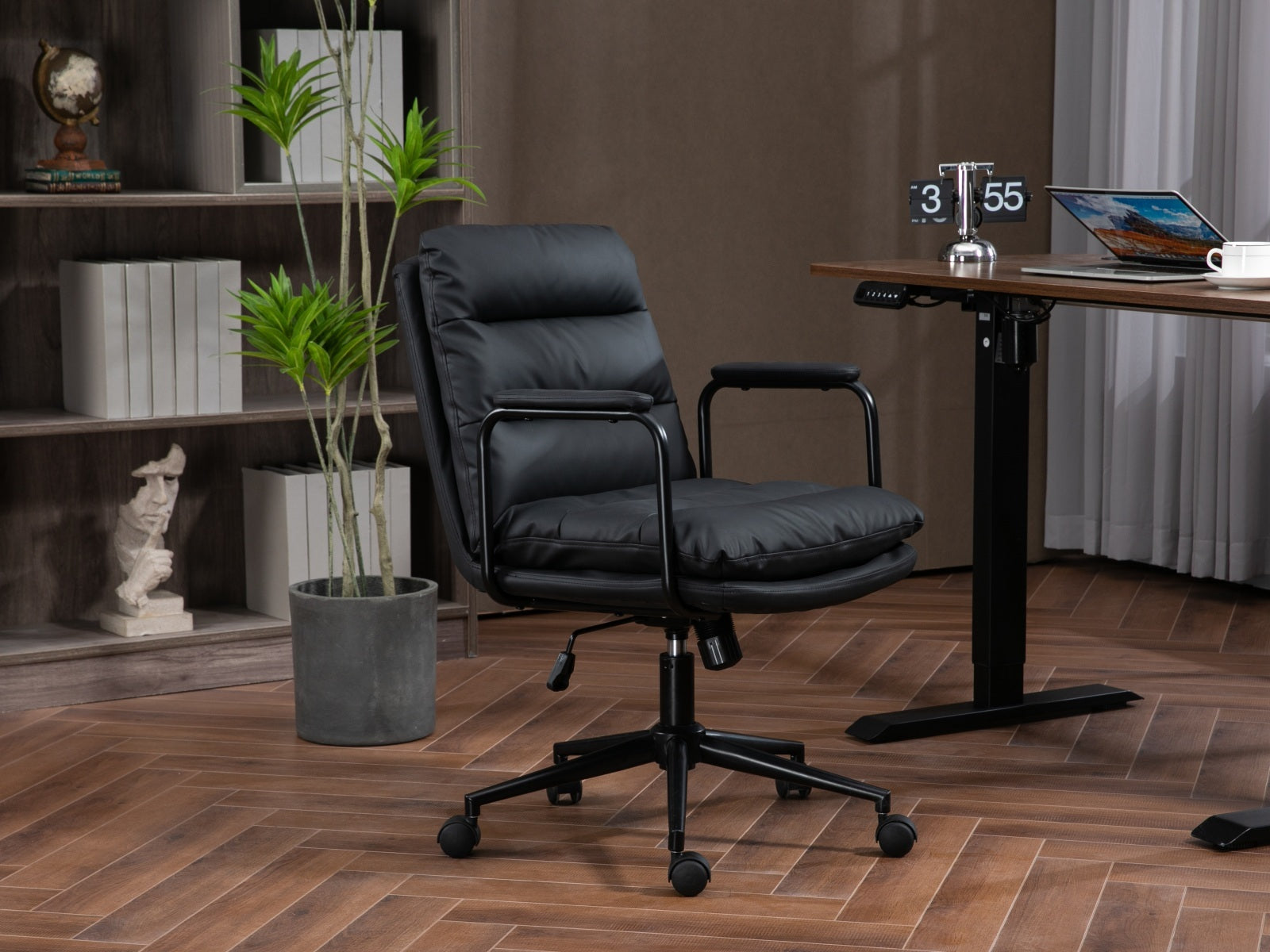 Office Chair,Mid Back Home Office Desk Task Chair With Wheels And Arms Ergonomic Pu Leather Computer Rolling Swivel Chair With Padded Armrest,The Back Of The Chair Can Recline 40 Black Black Office American Design Foam Pu