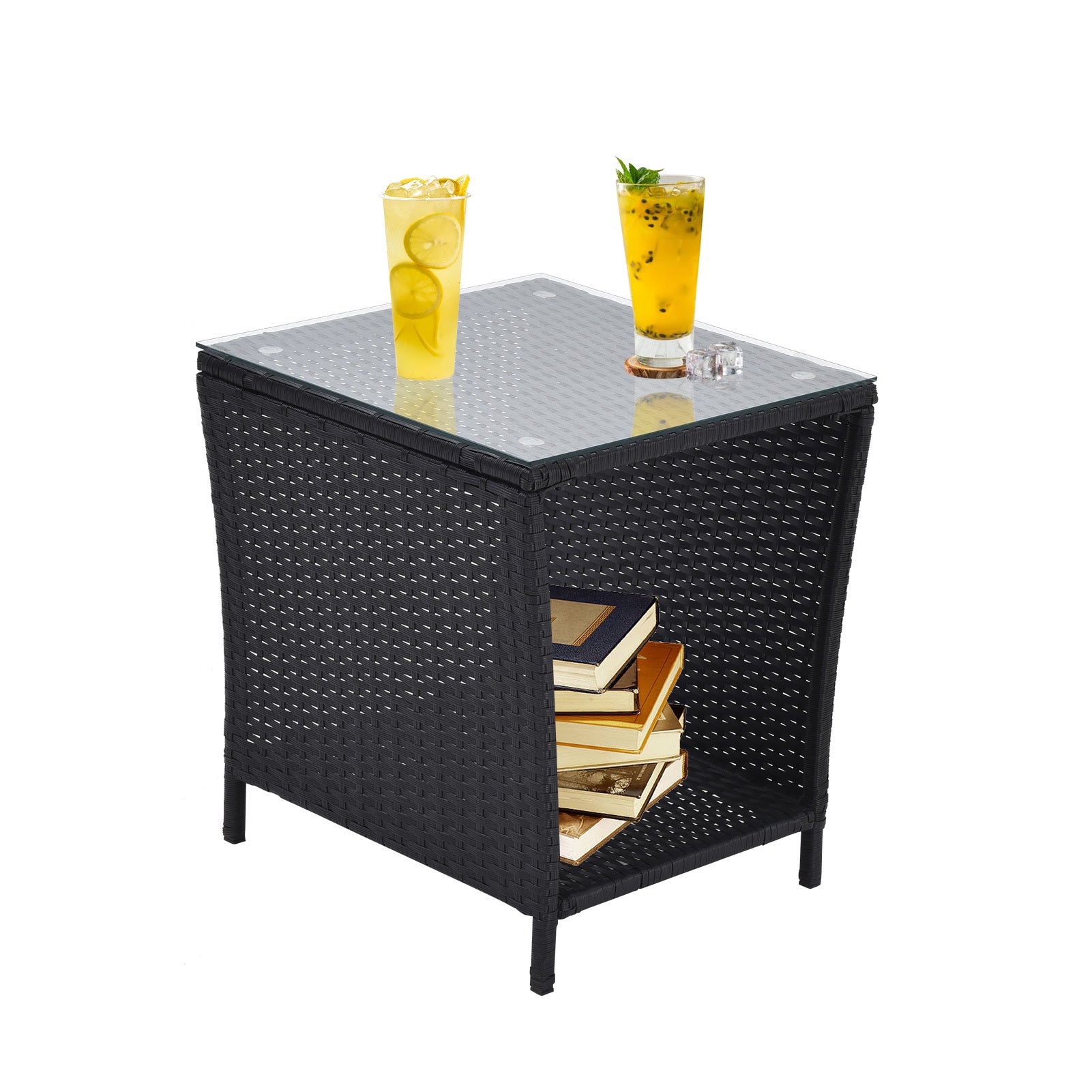 Outdoor Side Coffee Table With Storage Shelf,All Weather Pe Rattan And Steel Frame,Patio Furniture Square,Bistro Table For Garden Porch,Backyard Pool Indoor Black Black Weather Resistant Frame Garden & Outdoor Rattan Metal