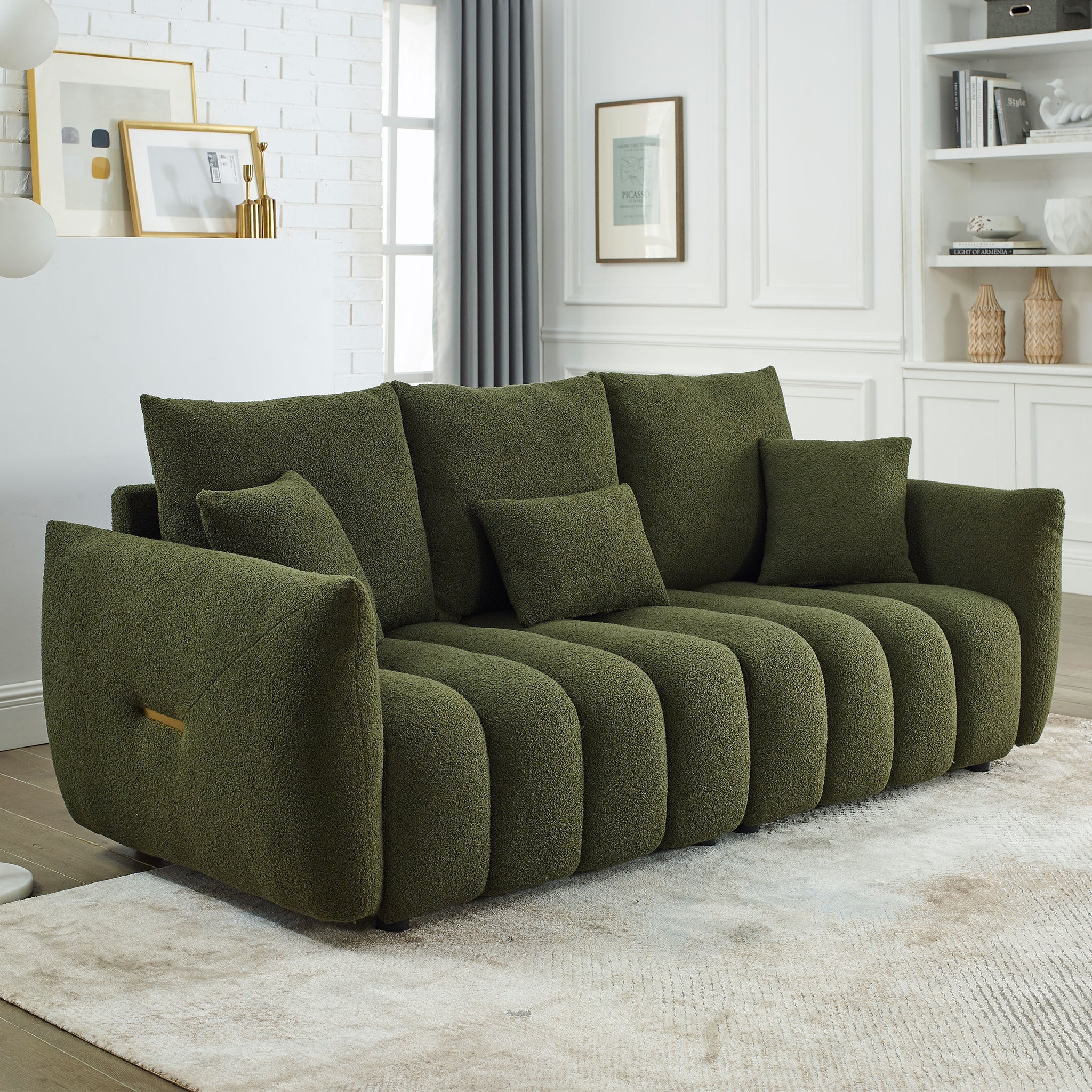 Video Mh 82" Premium Teddy Fabric Sofa With 3 Back Pillows And 3 Back Cushions Solid Wood Frame 3 Seater Sofa, Oversized Upholstered Chair For Living Room, Bedroom, Apartment And Office Green Wood Primary Living Space Foam Wood 3 Seat