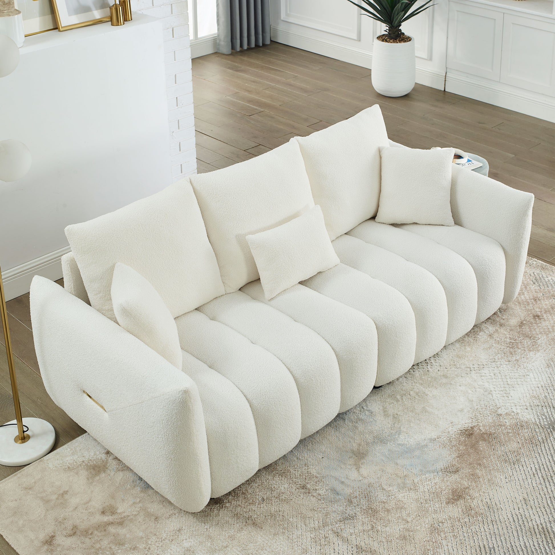 Video Mh 82" Premium Teddy Fabric Sofa With 3 Back Pillows And 3 Back Cushions Solid Wood Frame 3 Seater Sofa, Oversized Upholstered Chair For Living Room, Bedroom, Apartment And Office Beige Wood Primary Living Space Foam Wood 3 Seat