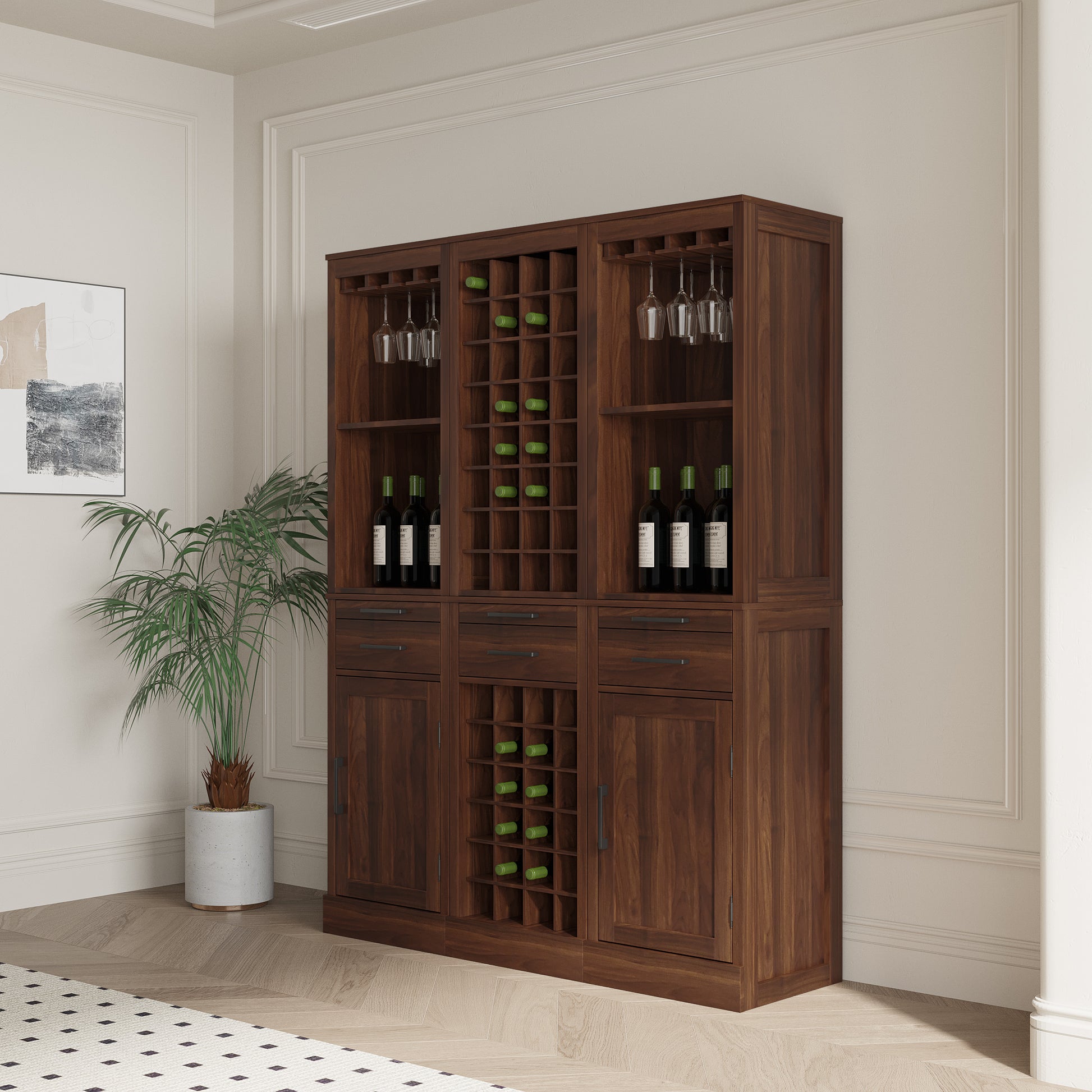 Brown Walnut Color Modular Wine Bar Cabinet With Storage Shelves With Hutch For Dining Room Walnut Brown Mdf