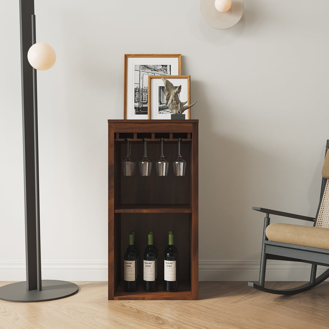 Brown Walnut Color Modular Wine Bar Cabinet With Storage Shelves With Hutch For Dining Room Walnut Brown Mdf