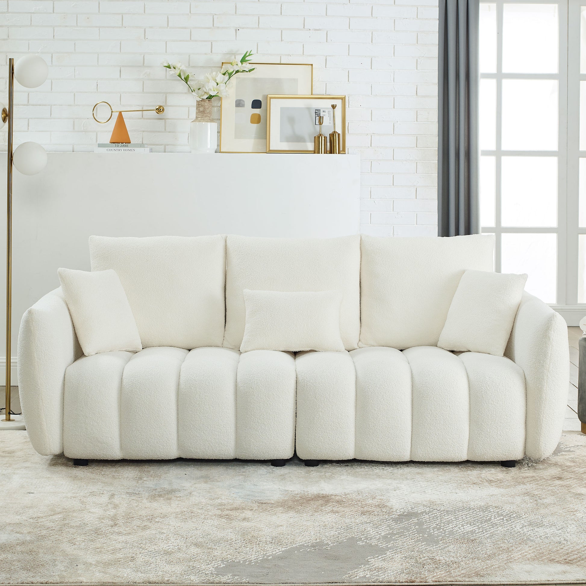 Video Mh 82" Premium Teddy Fabric Sofa With 3 Back Pillows And 3 Back Cushions Solid Wood Frame 3 Seater Sofa, Oversized Upholstered Chair For Living Room, Bedroom, Apartment And Office Beige Wood Primary Living Space Foam Wood 3 Seat