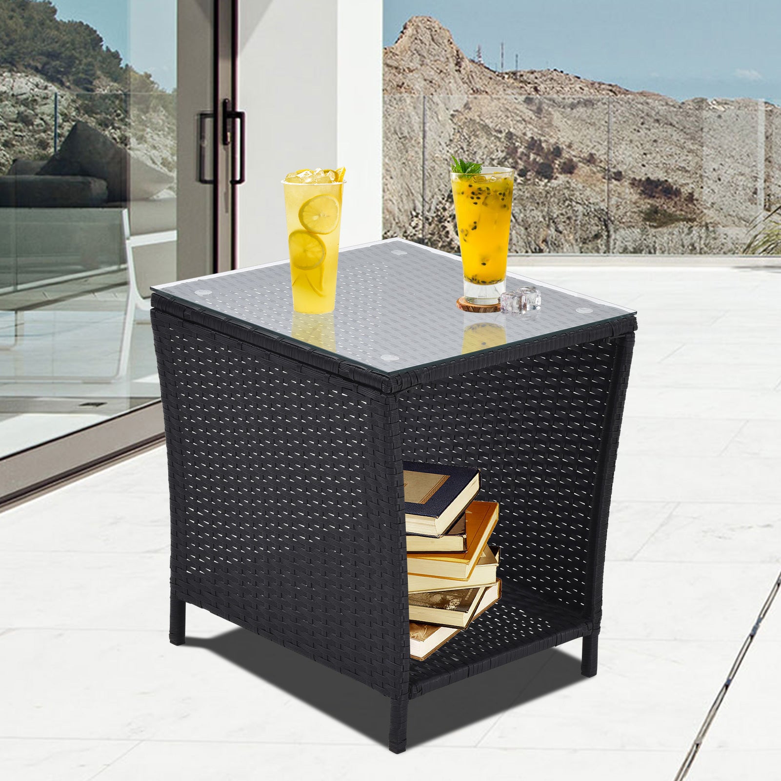 Outdoor Side Coffee Table With Storage Shelf,All Weather Pe Rattan And Steel Frame,Patio Furniture Square,Bistro Table For Garden Porch,Backyard Pool Indoor Black Black Weather Resistant Frame Garden & Outdoor Rattan Metal