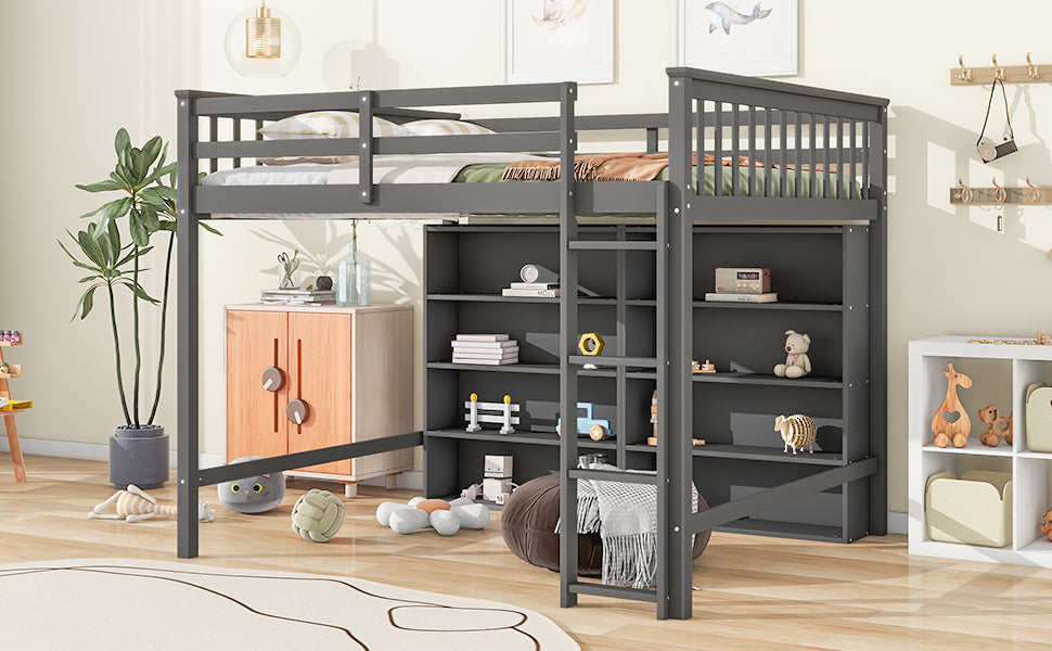 Full Size Loft Bed With 8 Open Storage Shelves And Built In Ladder, Gray Gray Solid Wood Mdf