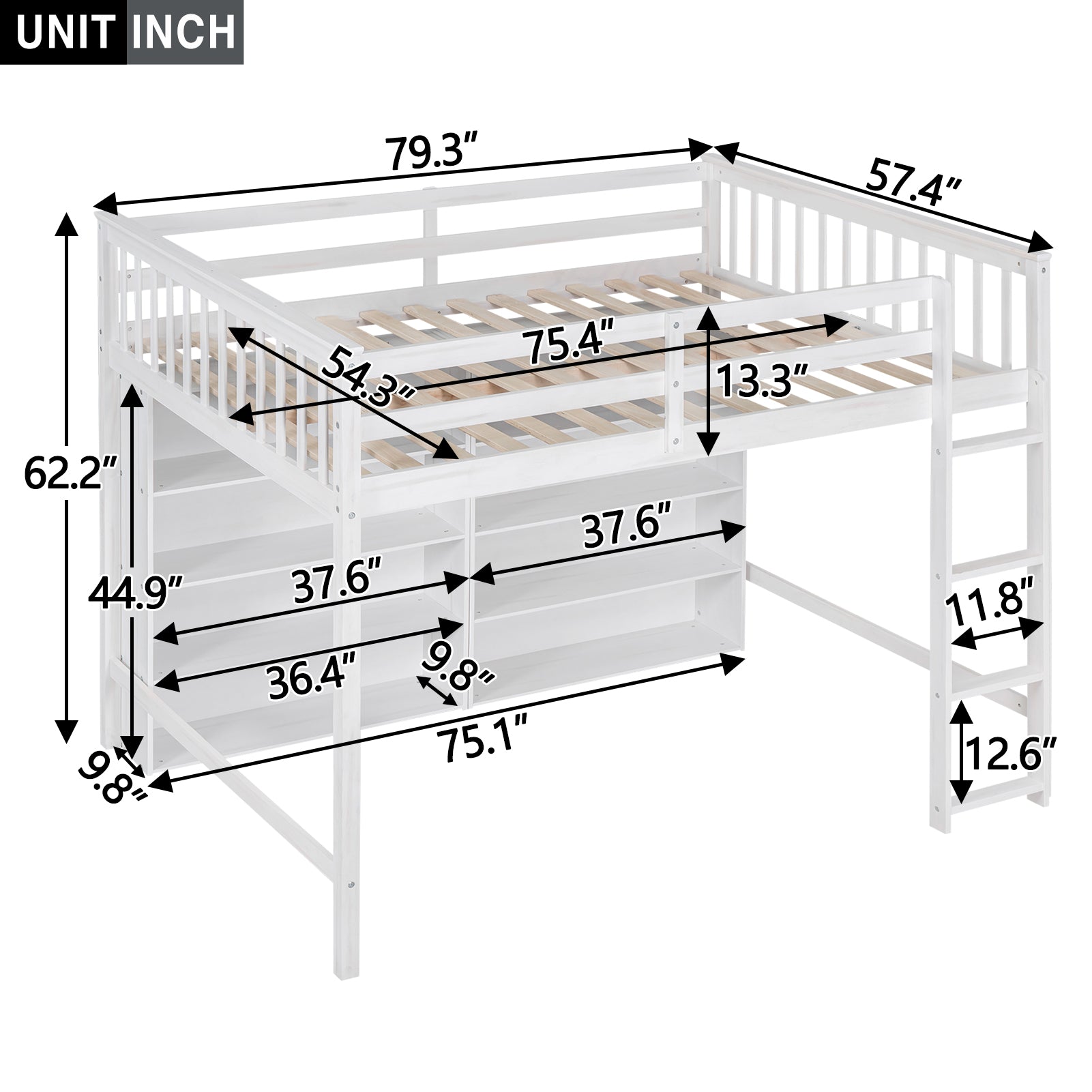 Full Size Loft Bed With 8 Open Storage Shelves And Built In Ladder, White White Solid Wood Mdf